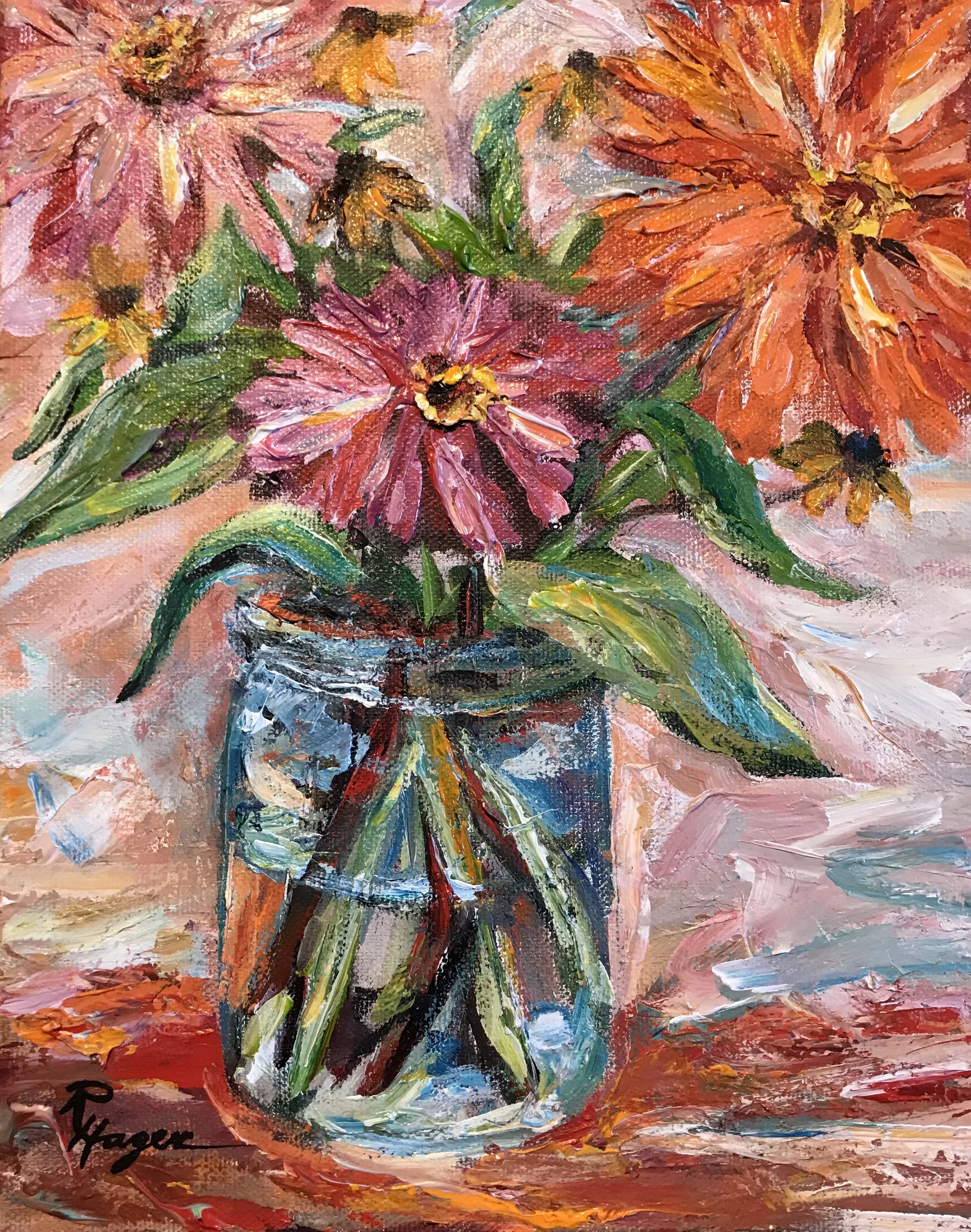 Zinnias in Jar #223. SOLD