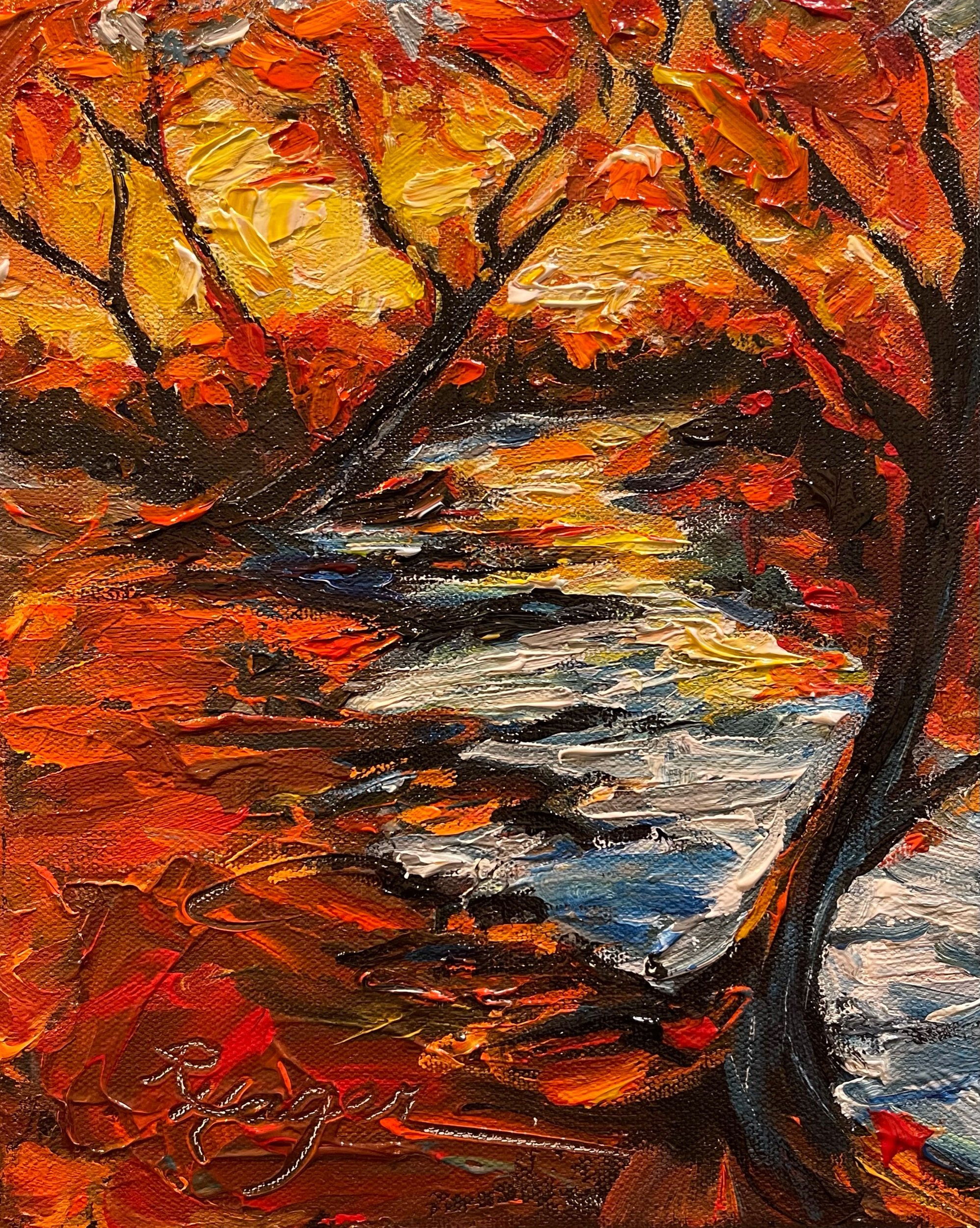  8 x 10 acrylic on canvas. Inspired by God's amazing transformation of color on the Miami Erie Canal just 2 miles from my studio. Created with heavy application of paint using palette knife and brush.  Private collection of Debby Cummins 