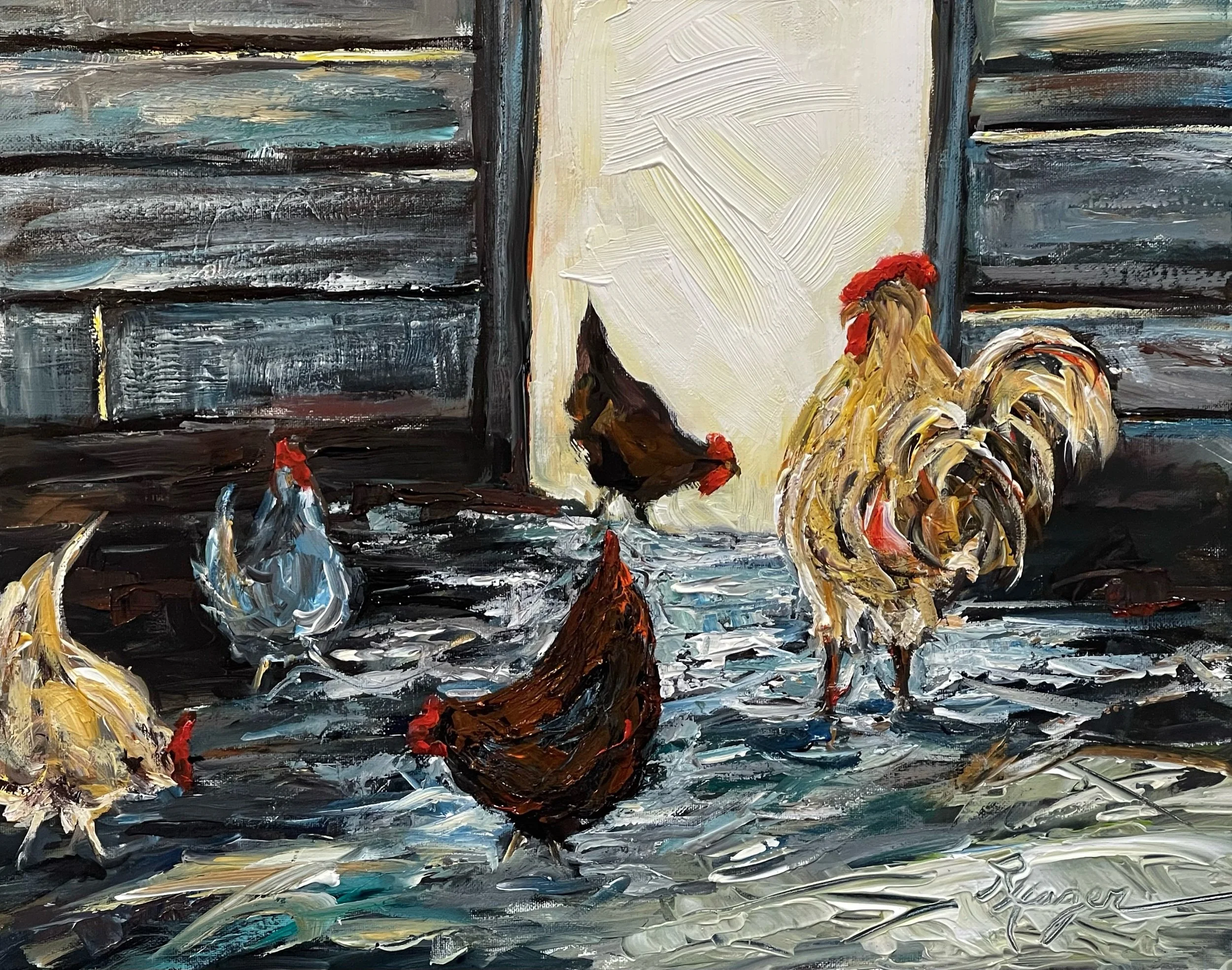 "Chickens in the Barn" #496.  Available. $390