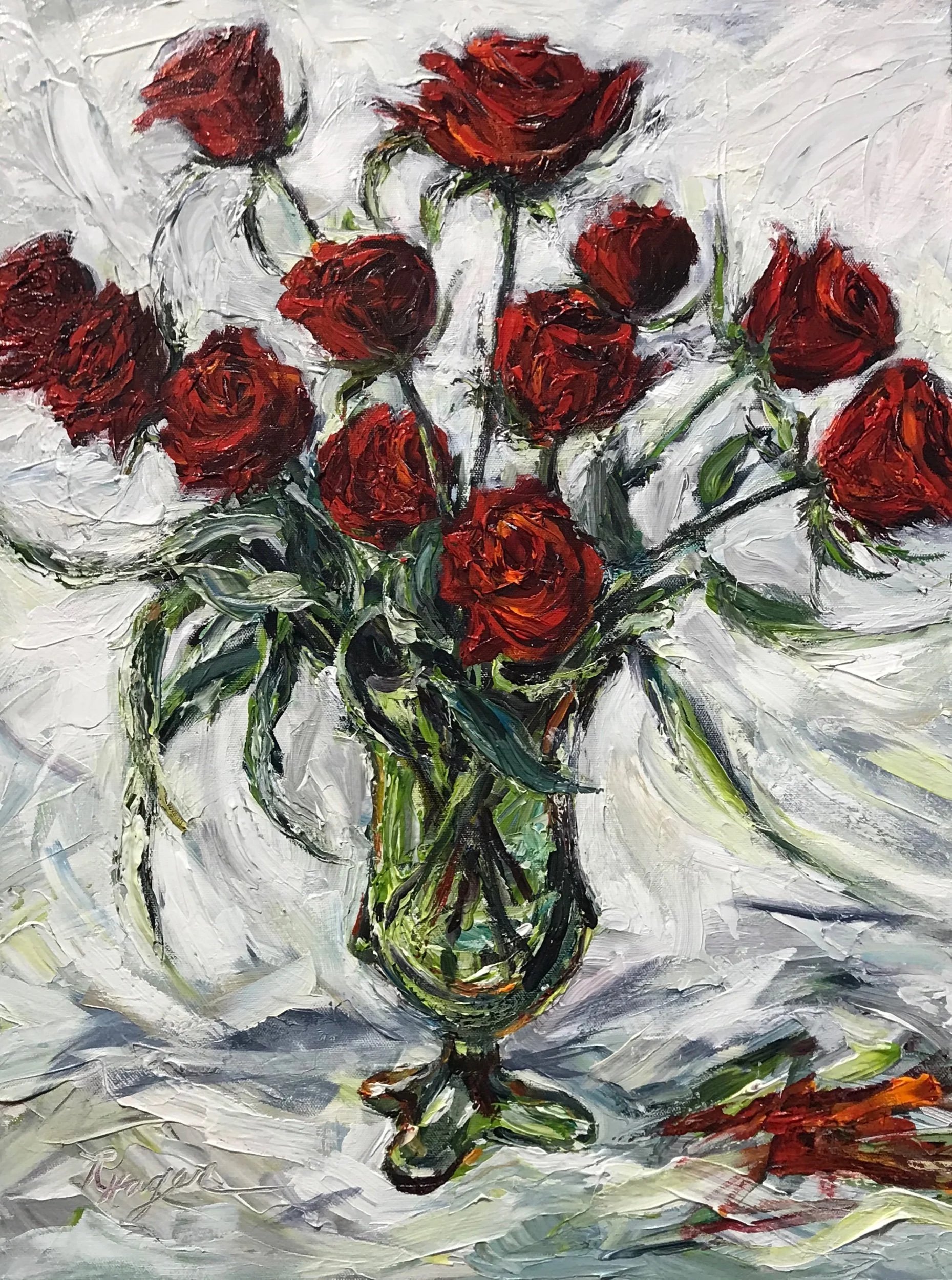 Roses in Greens Vase #321- SOLD