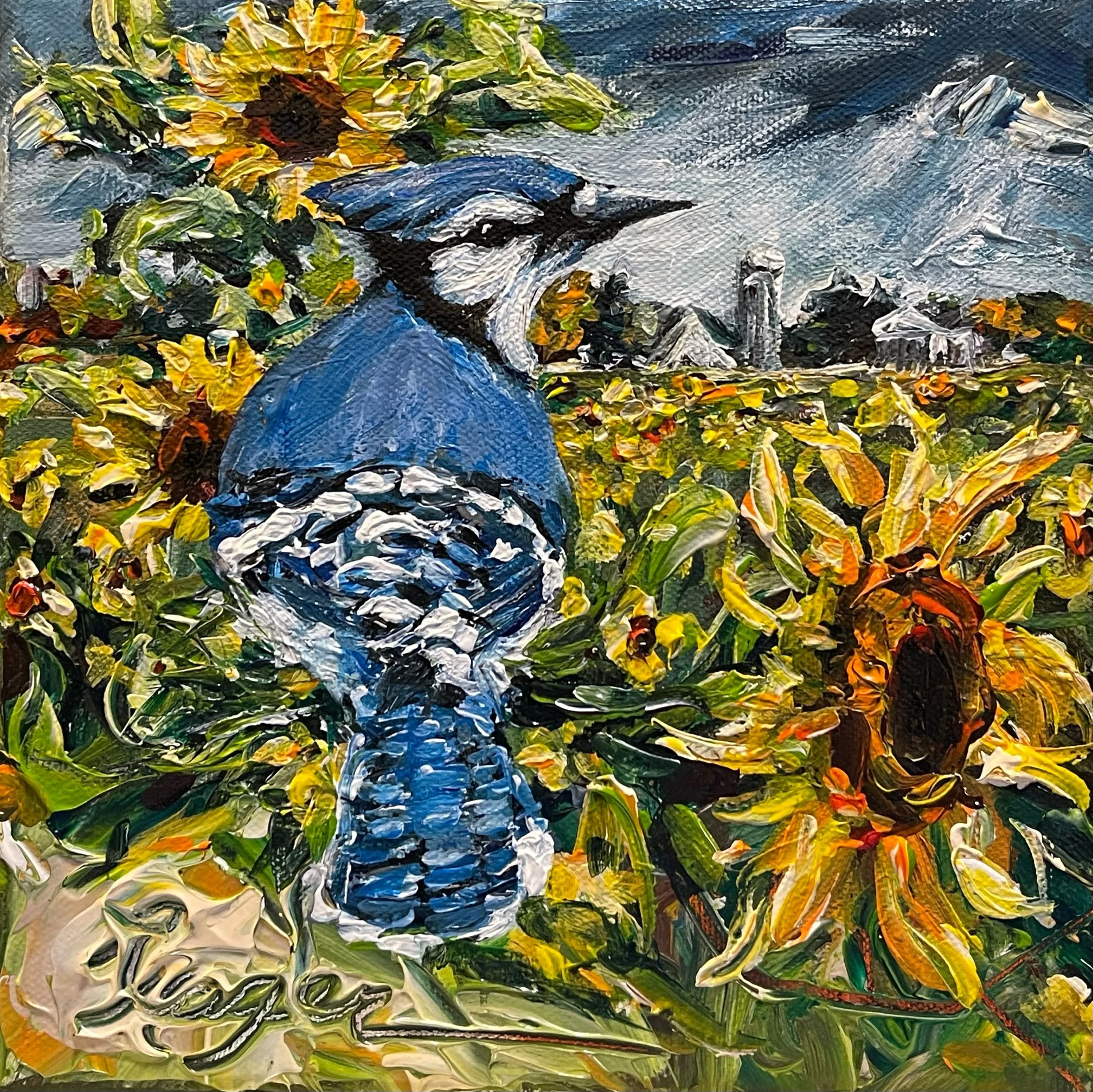 "Blue Jay in Sunflower Field" #549.   SOLD