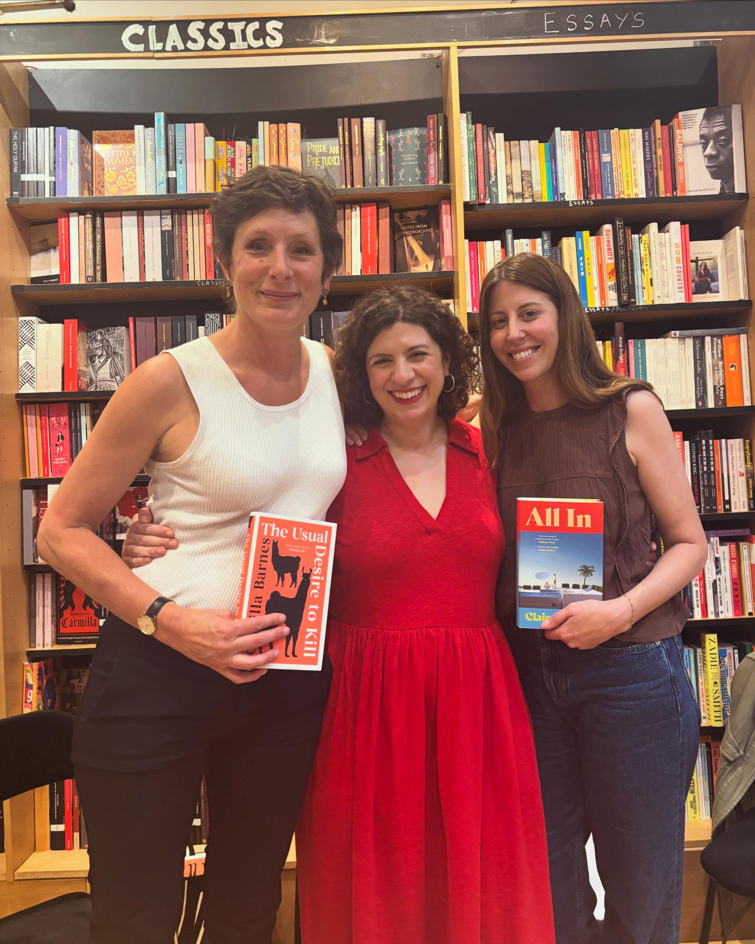 I was so happy to chair @clairemegpowell and Camilla Barnes this evening @bricklanebookshop, where I was a bookseller nearly two decades ago. Discussing their novels, All In @chattobooks and The Usual Desire to Kill @scribneruk, was a great opportuni