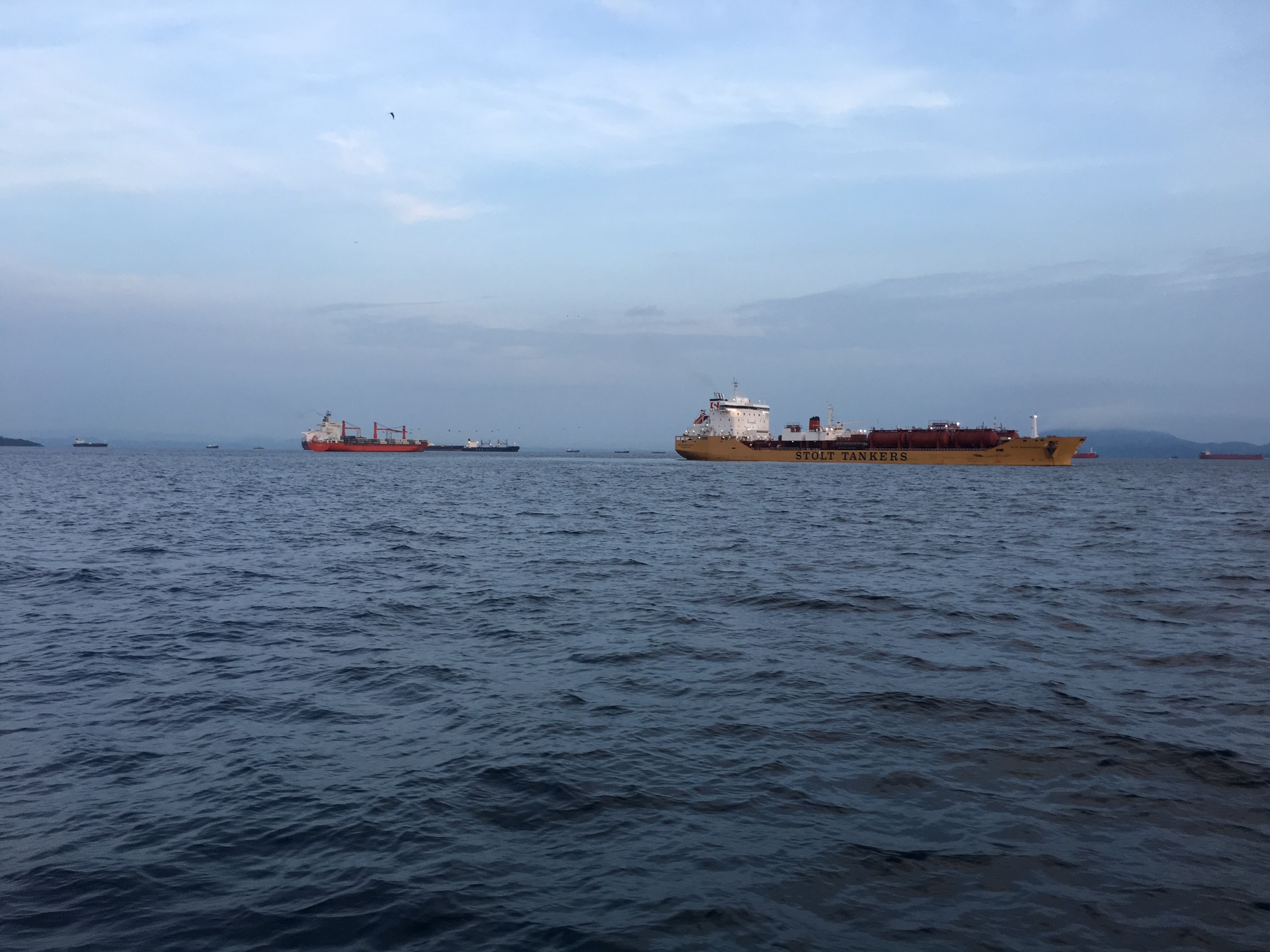 Ships gathering at entrance to Panama Canal