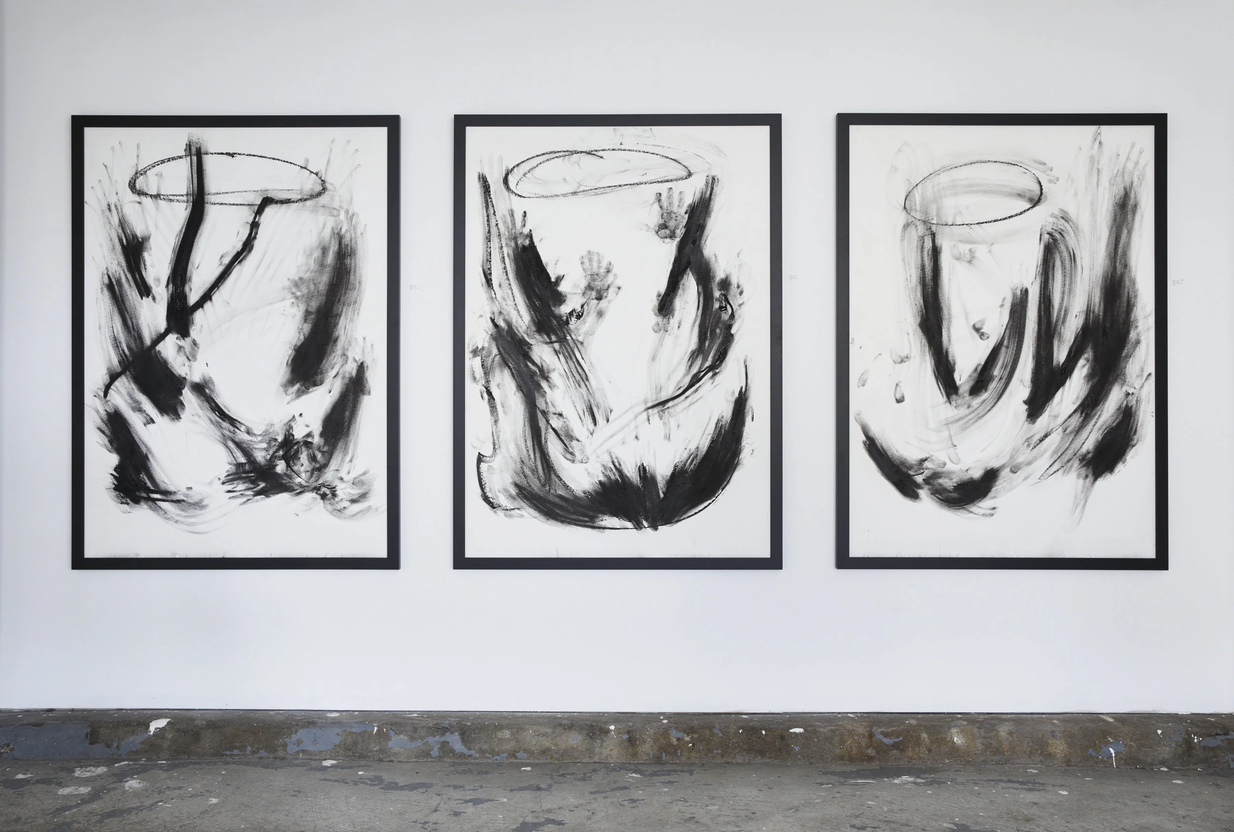 "Fallen Angels I, II, III," 2017 Charcoal on paper 62.25" h x 45" w each