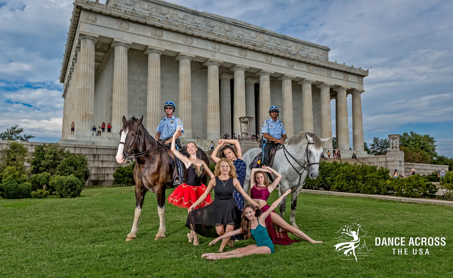 Our dancers, with Officer Giebel on his horse, Guinness (Left) and Officer Brown and his horse, Chrissy (Right).