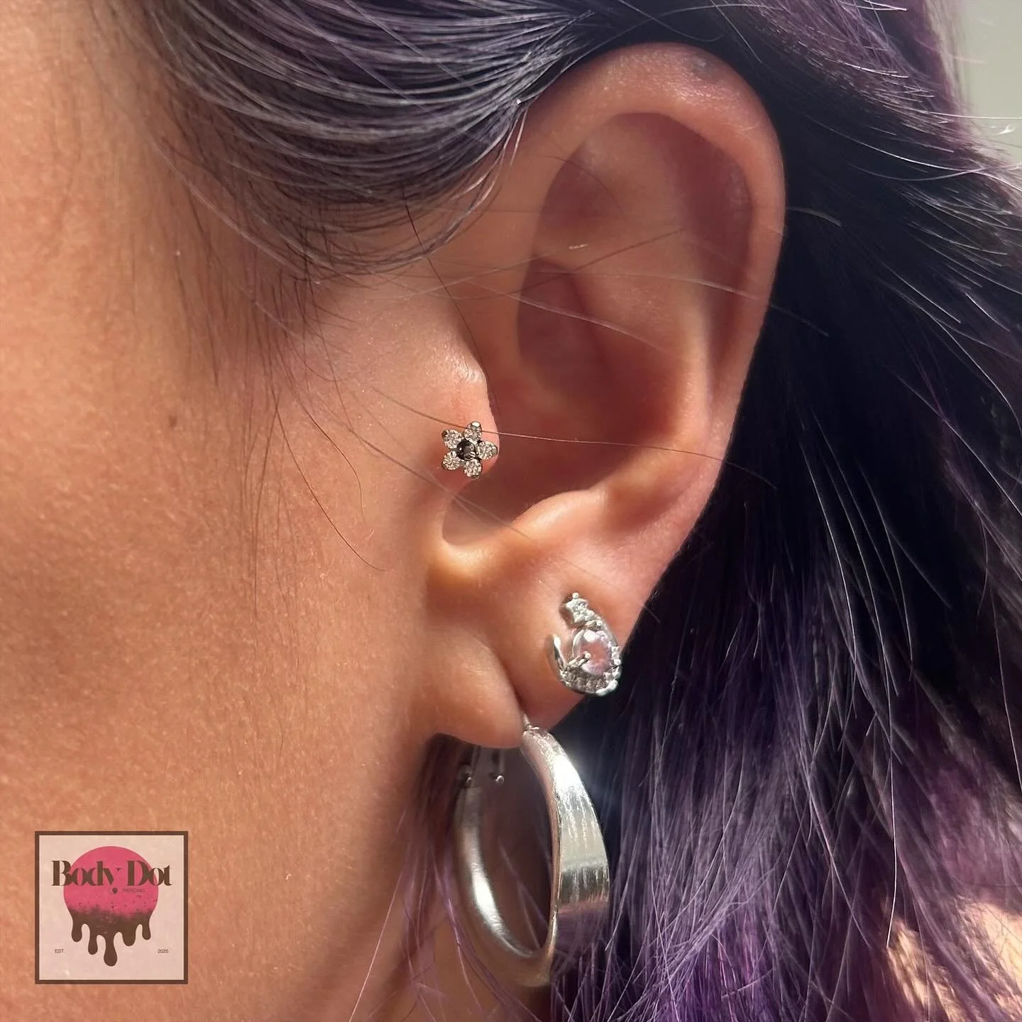 Tragus &amp; Paired Nostril Piercings + Nose Chain Styling by @body.dot 

- Flower cz gem end f/ @neometaljewelry 
- 18kt white gold chain f/ @anatometalinc 
- Cz gem ends f/ @metalmafiabodyjewelry 

#blacklistink#blacklistinktattoo#tattooandpiercing