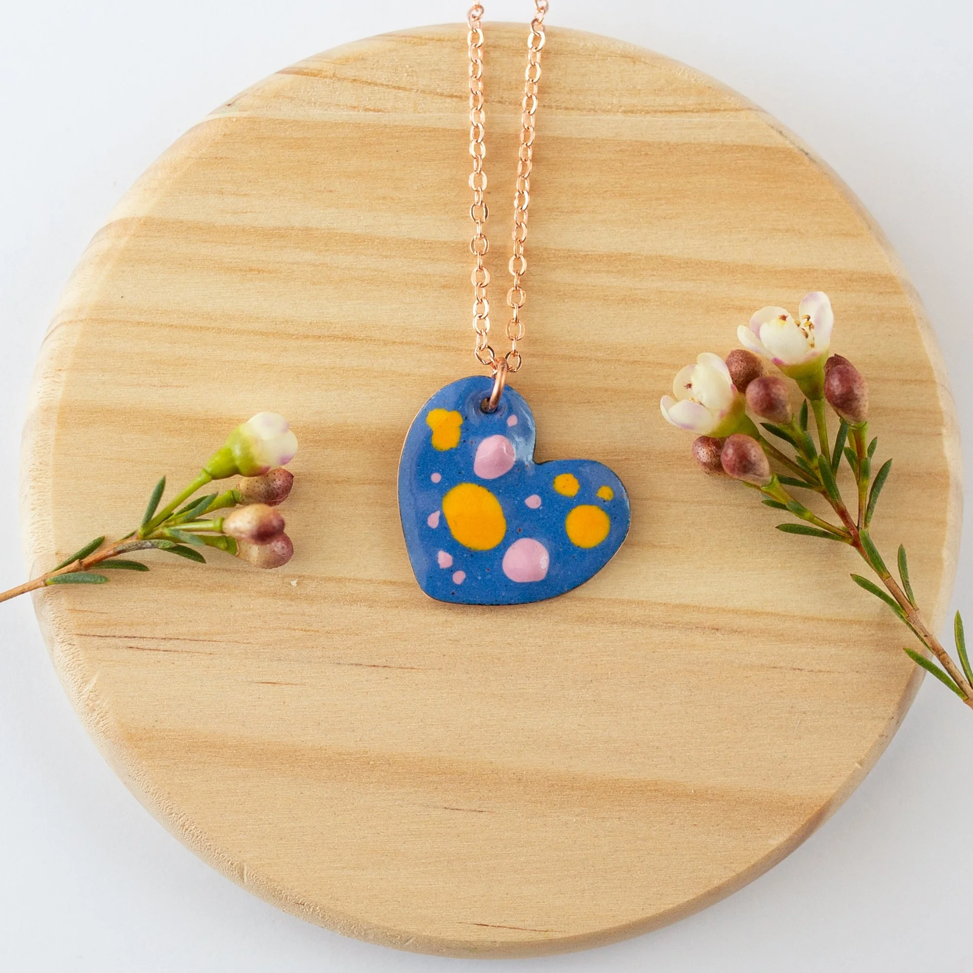 Harvest Blue Copper Enamel Crushed Glass Heart Necklace