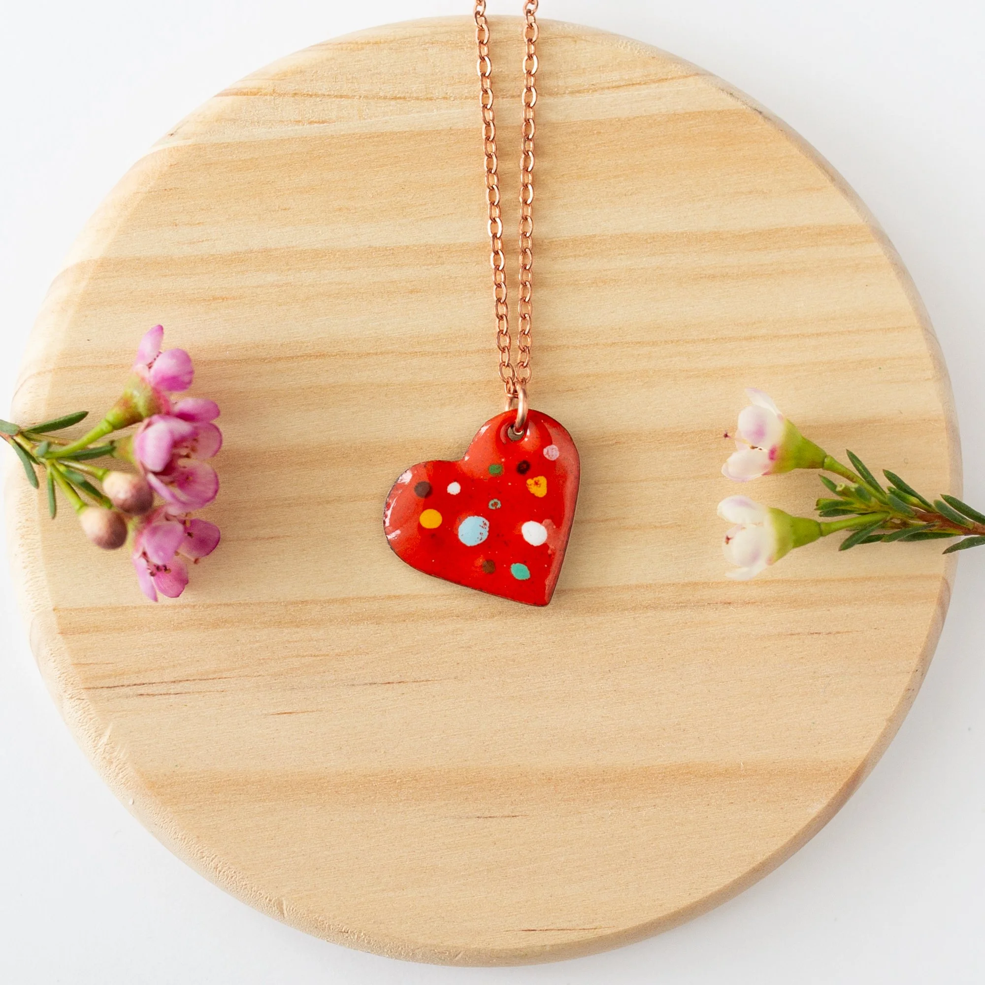 Flame Orange Copper Enamel Crushed Glass Heart Necklace