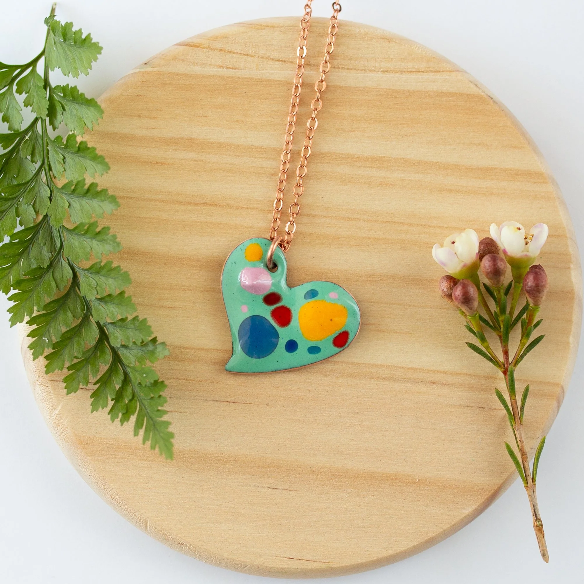 Mint Copper Enamel Crushed Glass Heart Necklace