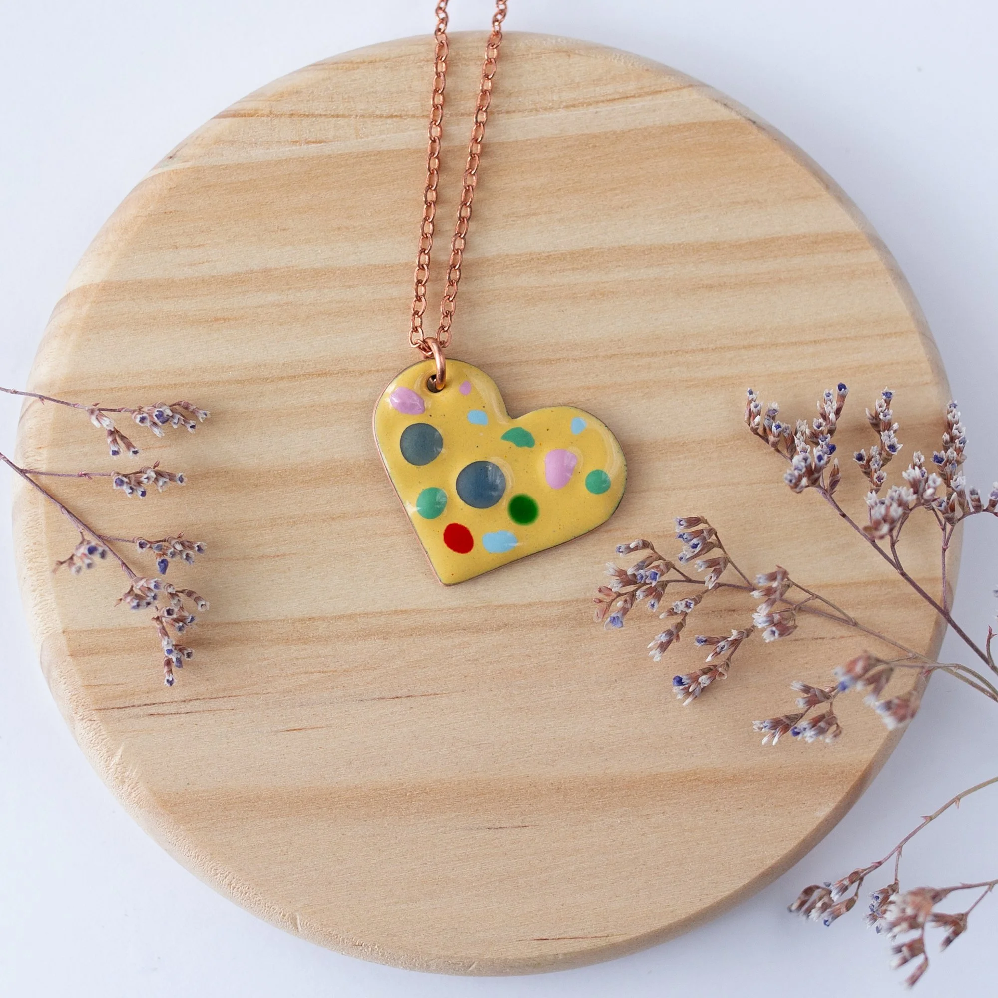 Butter Copper Enamel Crushed Glass Heart Necklace
