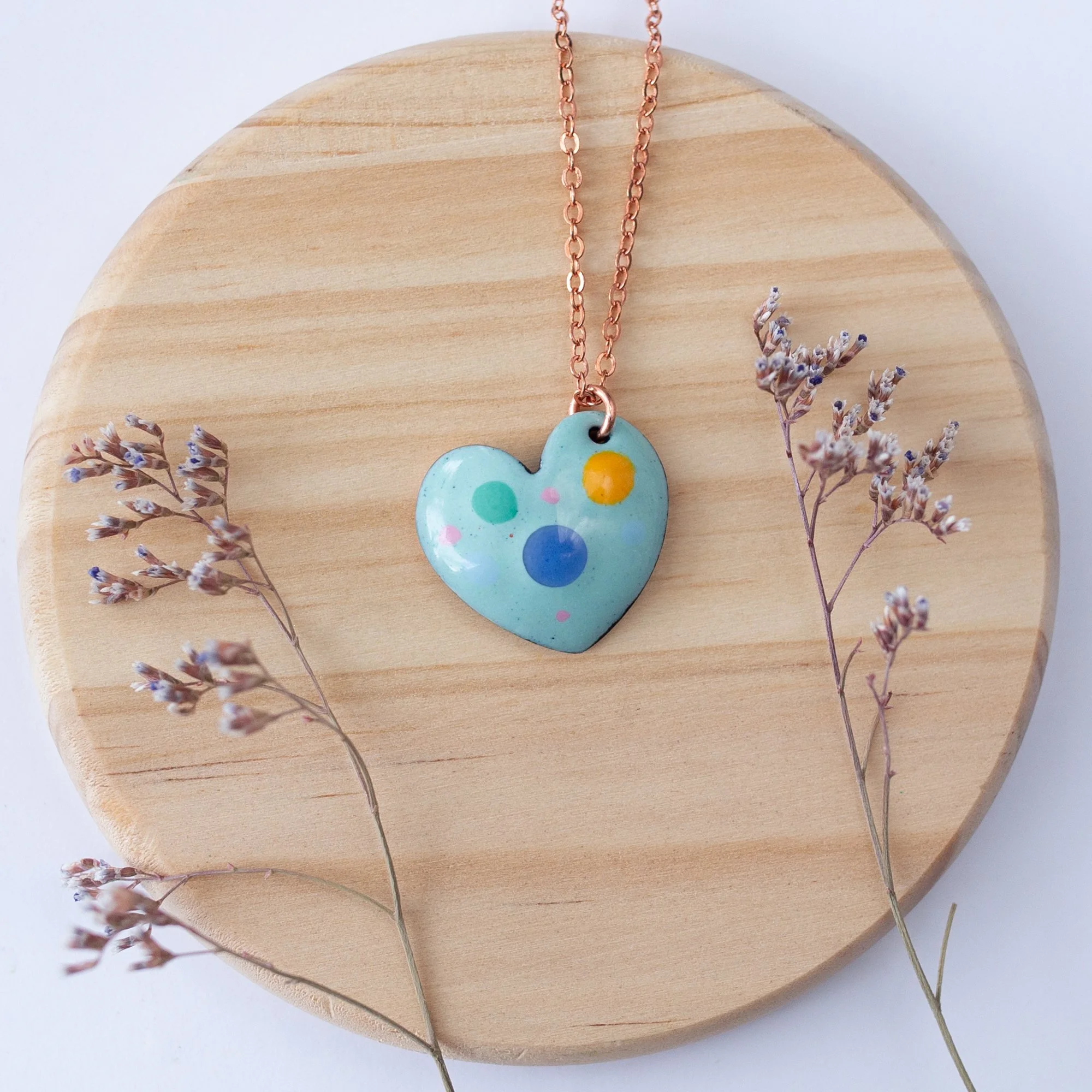 Seafoam Copper Enamel Crushed Glass Heart Necklace