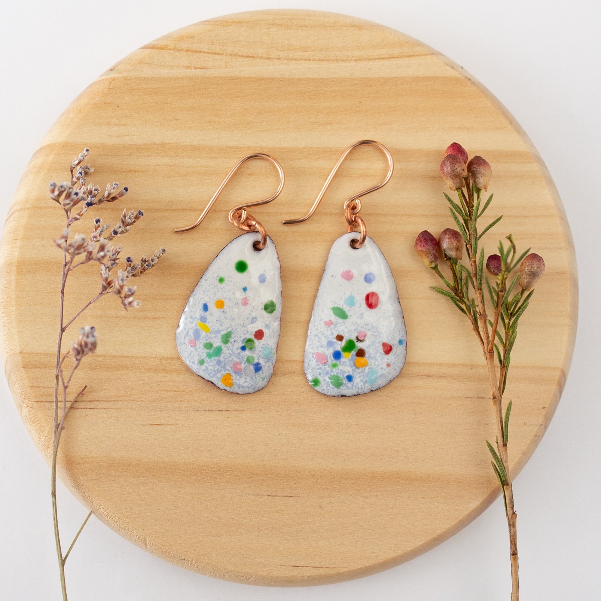 White Copper Enamel Rainbow Crushed Glass Earrings