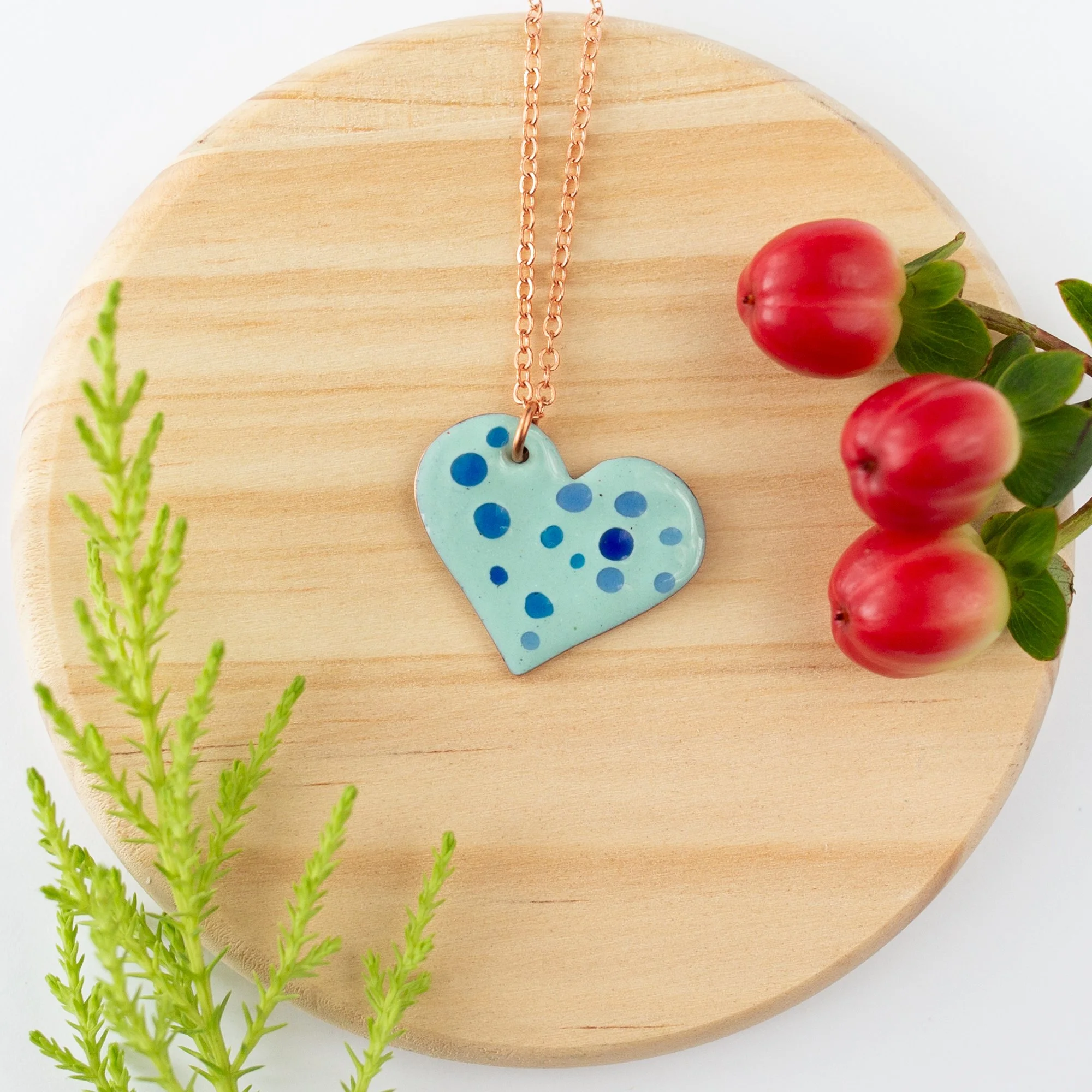 Robin's Egg Copper Enamel Crushed Glass Heart Necklace