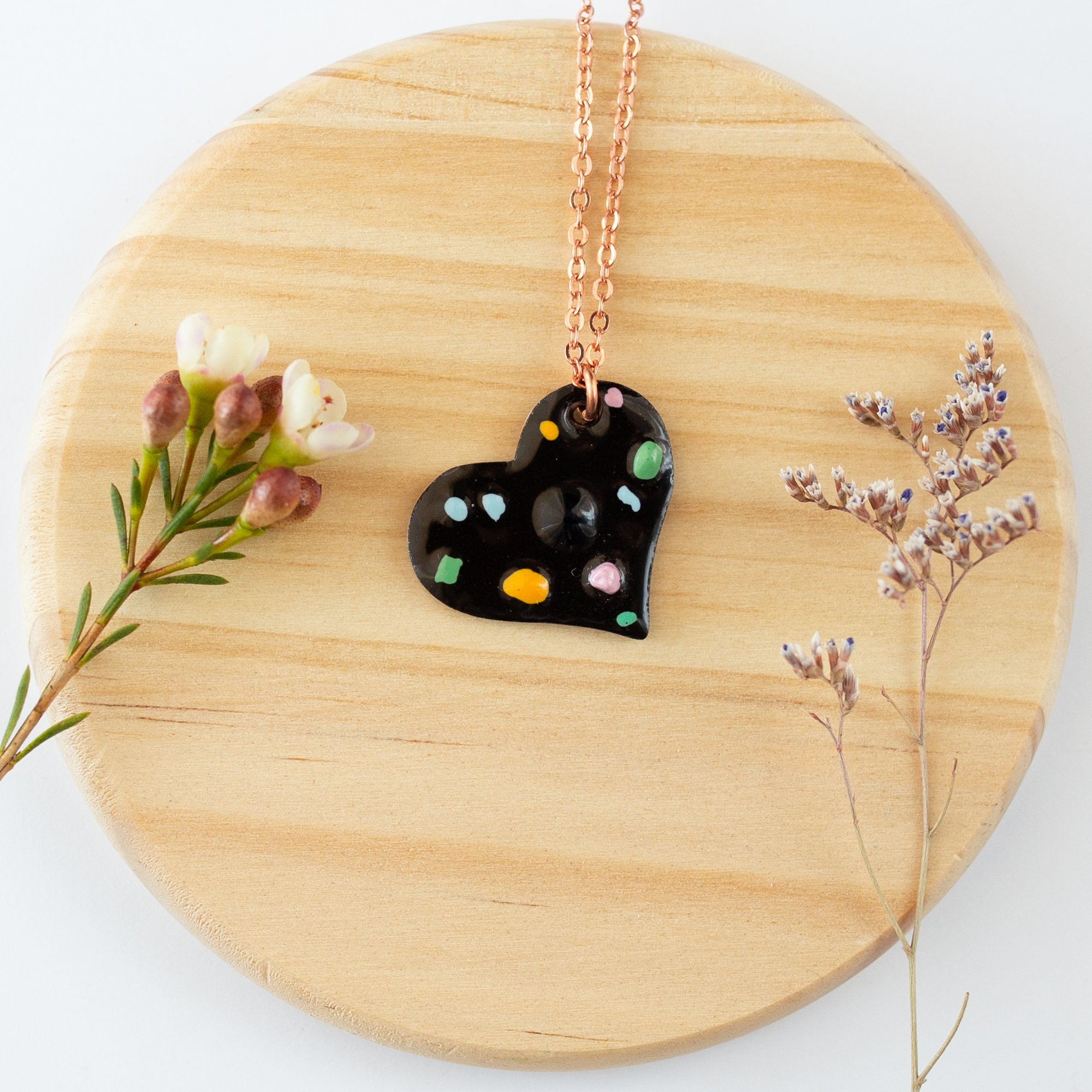 Black Copper Enamel Crushed Glass Heart Necklace