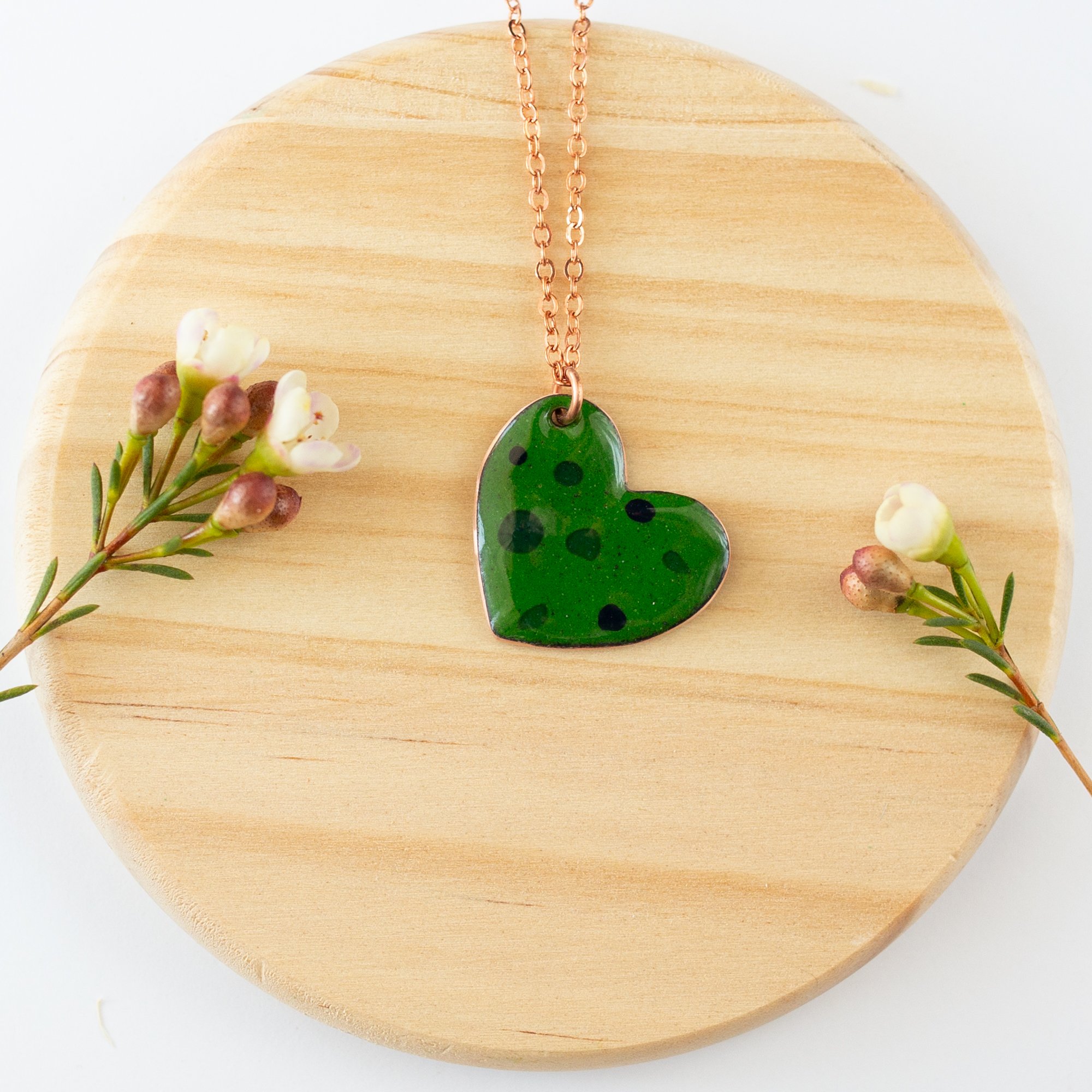 Forest Green Copper Enamel Crushed Glass Heart Necklace