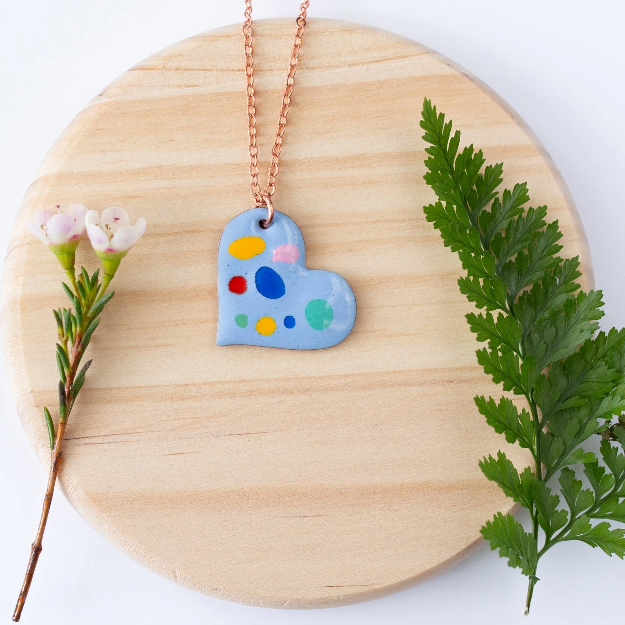 Sky Copper Enamel Crushed Glass Heart Necklace