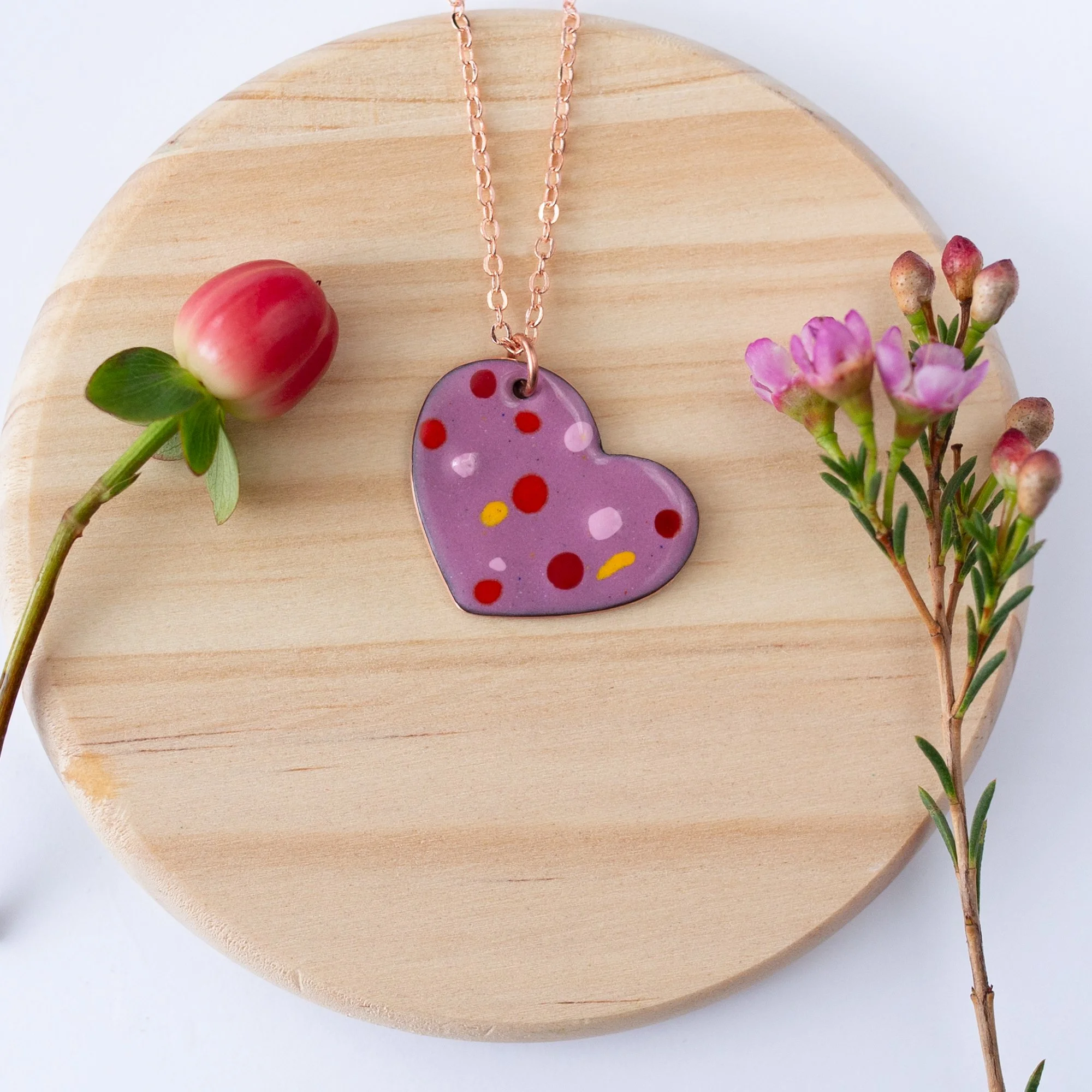 Clover Copper Enamel Crushed Glass Heart Necklace
