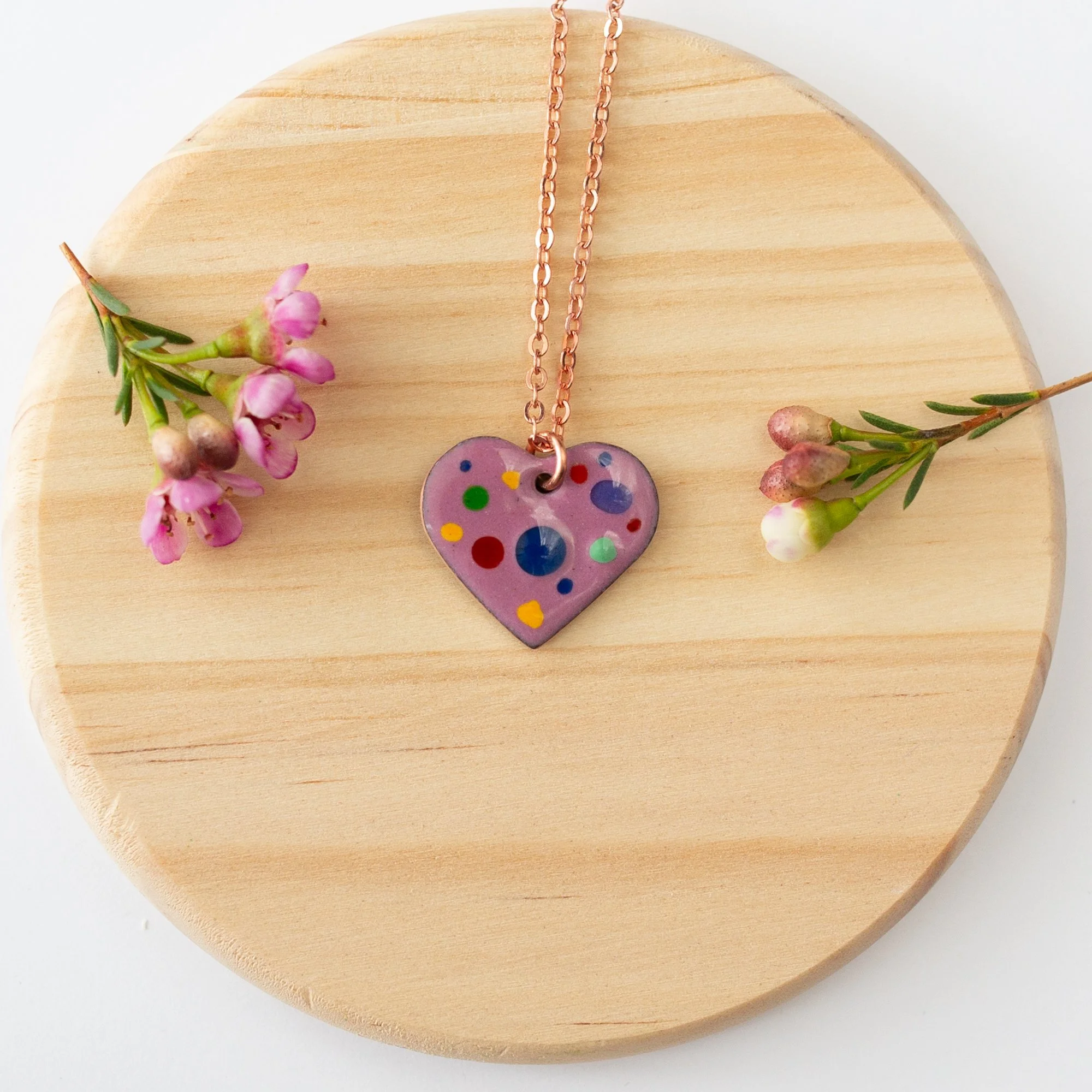 Clover Copper Enamel Crushed Glass Heart Necklace