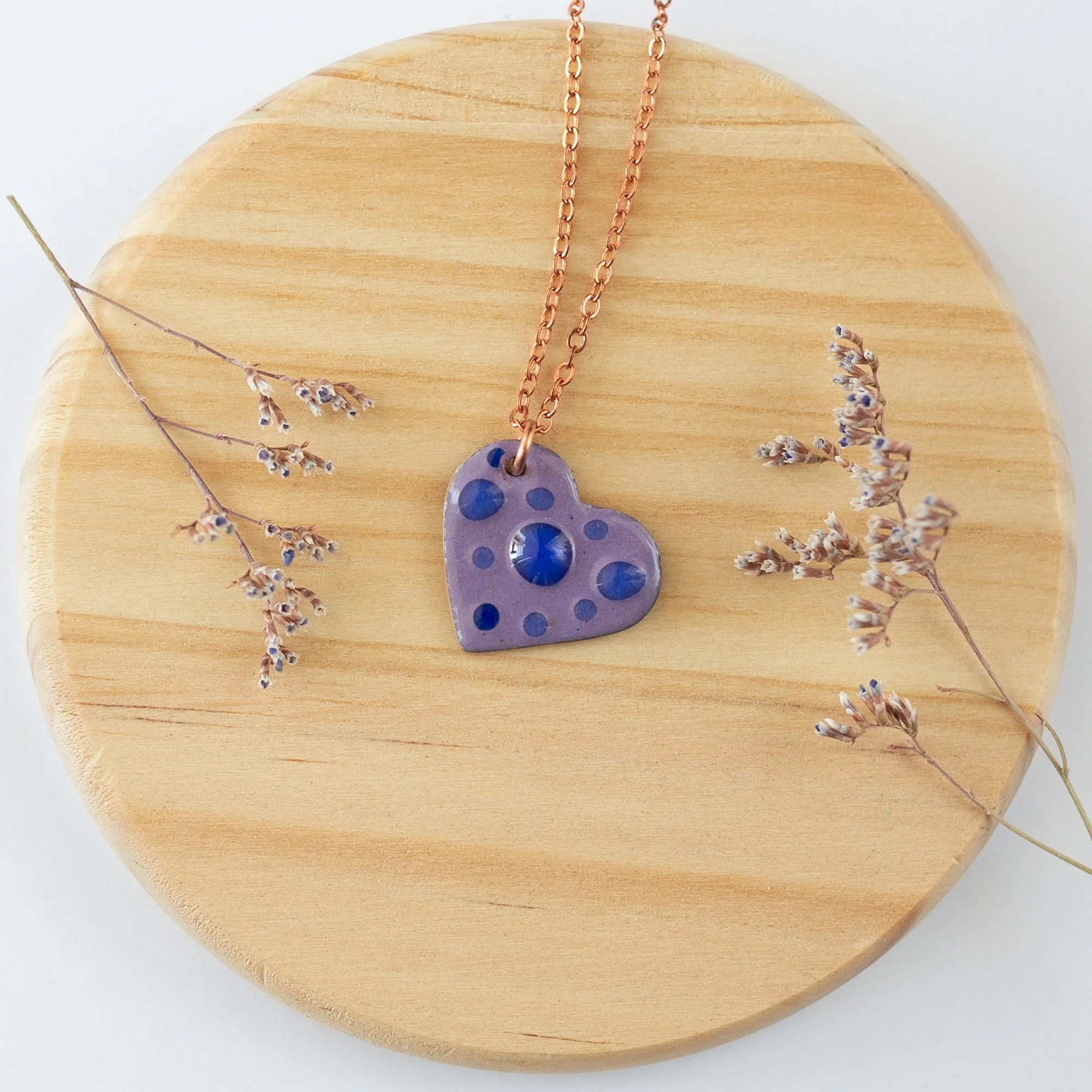 Lilac Copper Enamel Crushed Glass Heart Necklace