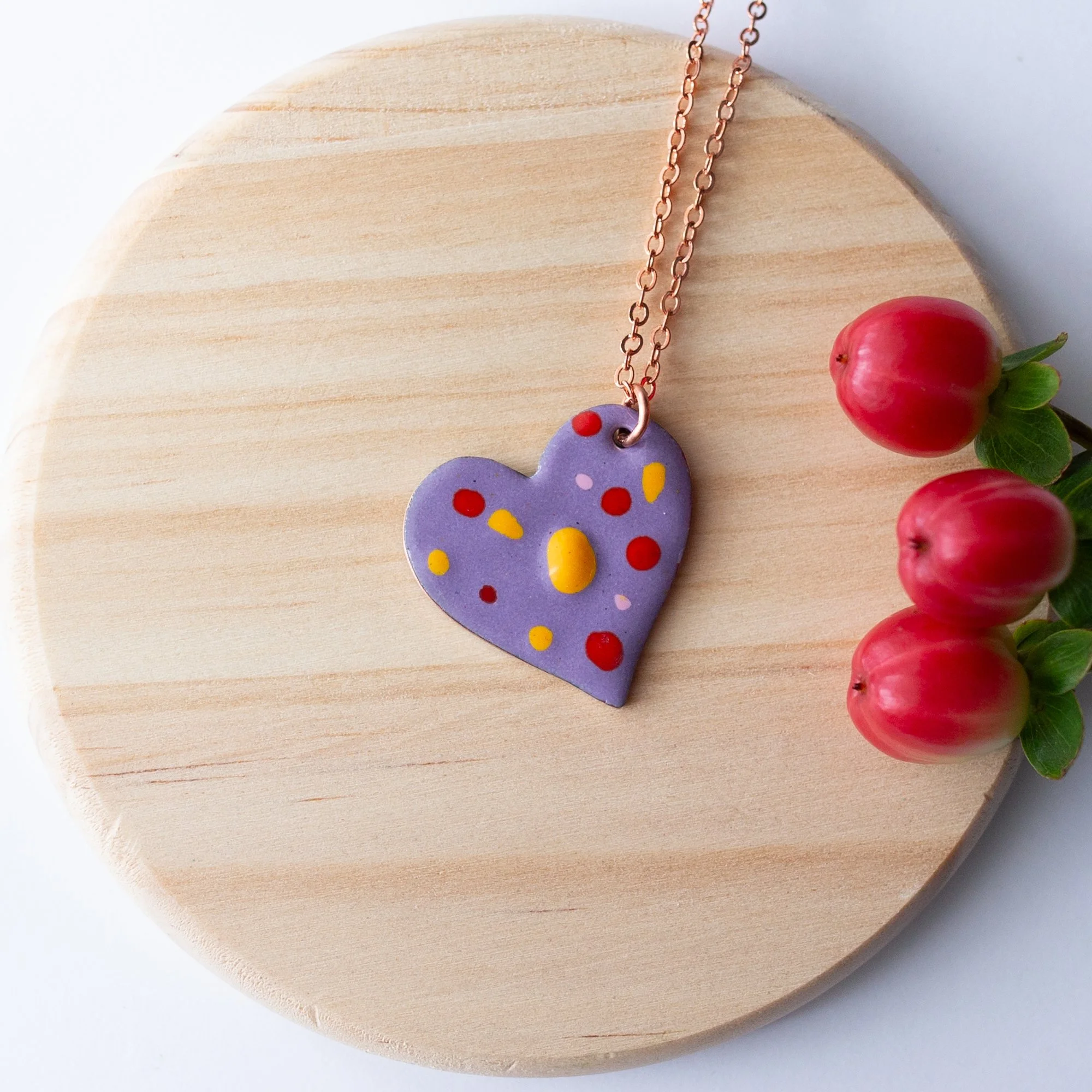 Lilac Copper Enamel Crushed Glass Heart Necklace