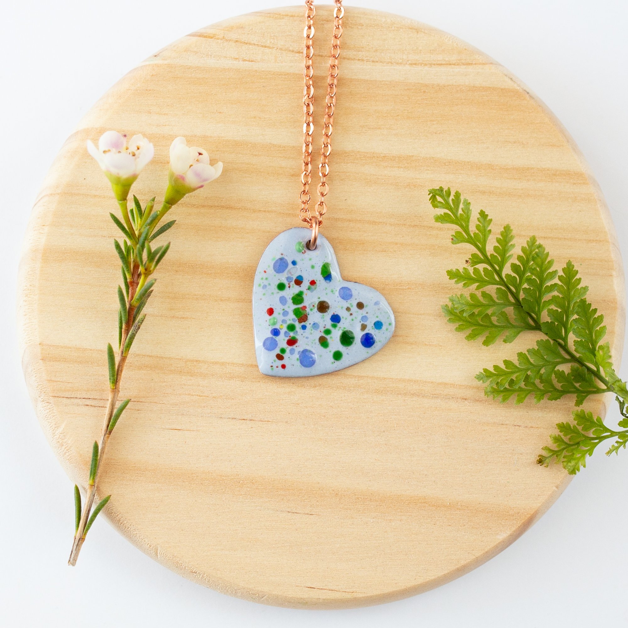Isle Blue Copper Enamel Crushed Glass Heart Necklace