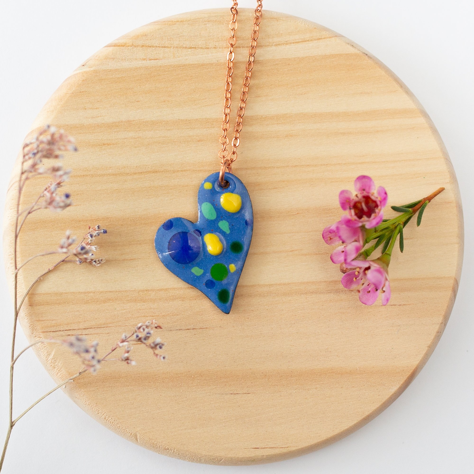 Harvest Blue Copper Enamel Crushed Glass Heart Necklace