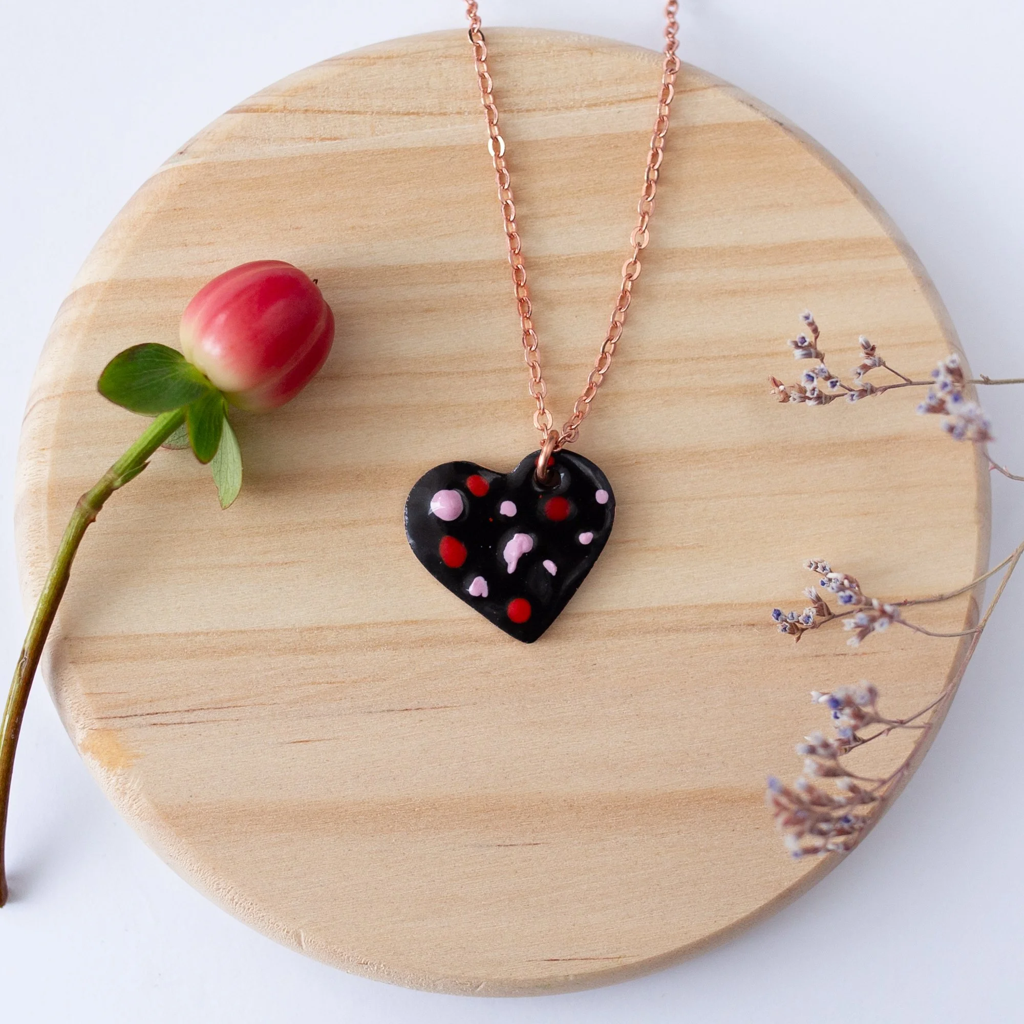 Black Copper Enamel Crushed Glass Heart Necklace