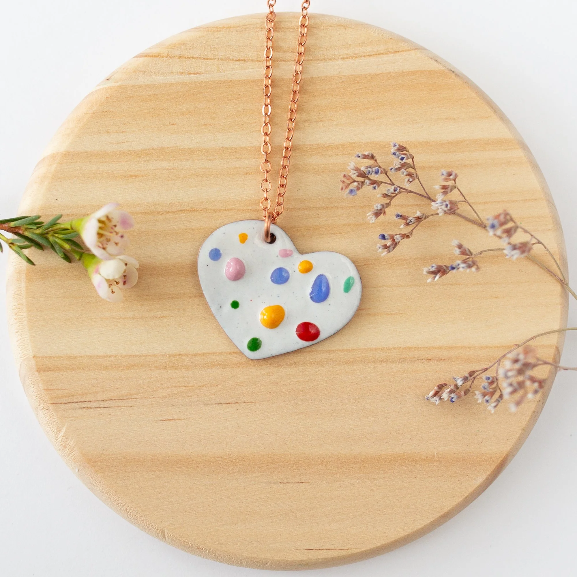 White Copper Enamel Crushed Glass Heart Necklace