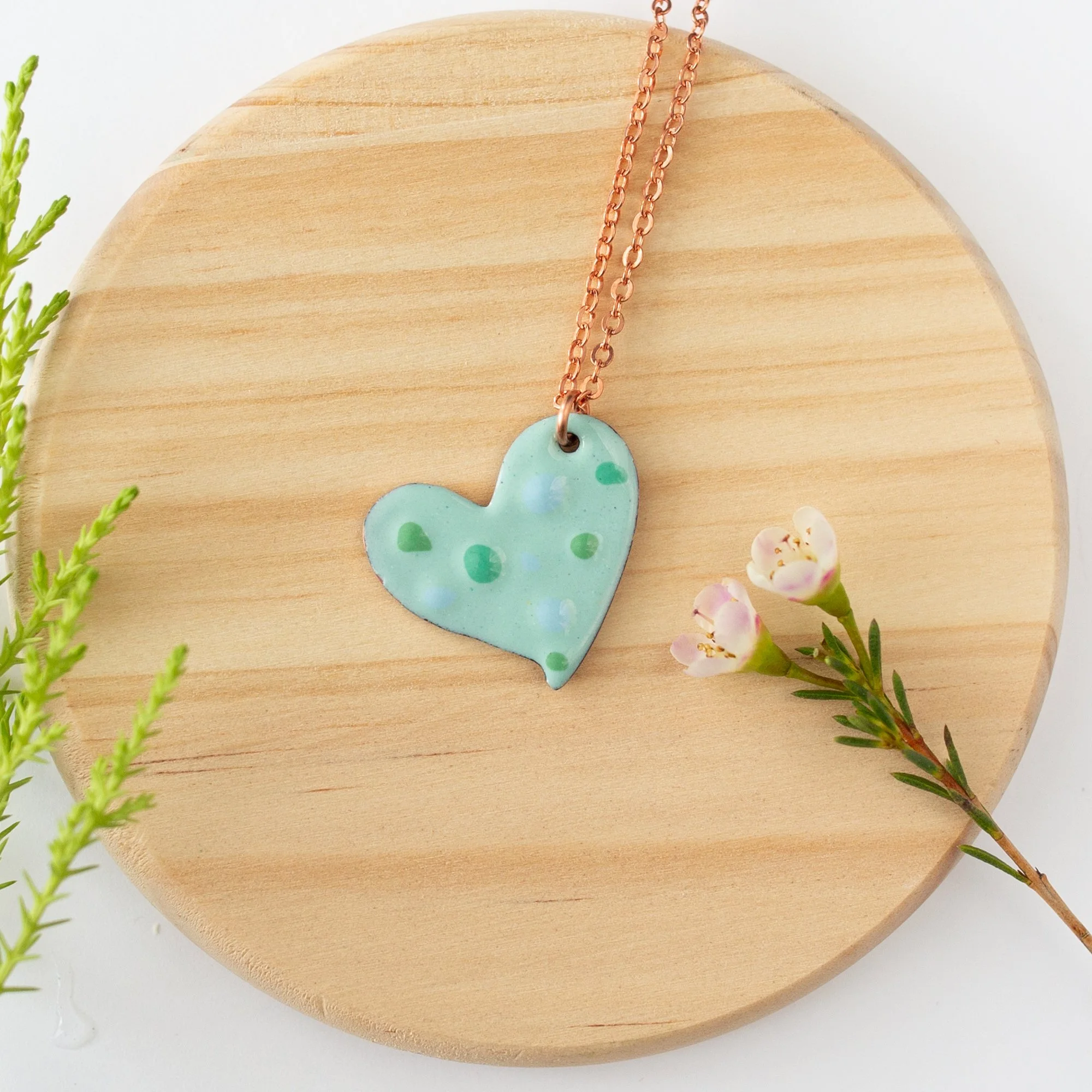Robin's Egg Copper Enamel Crushed Glass Heart Necklace