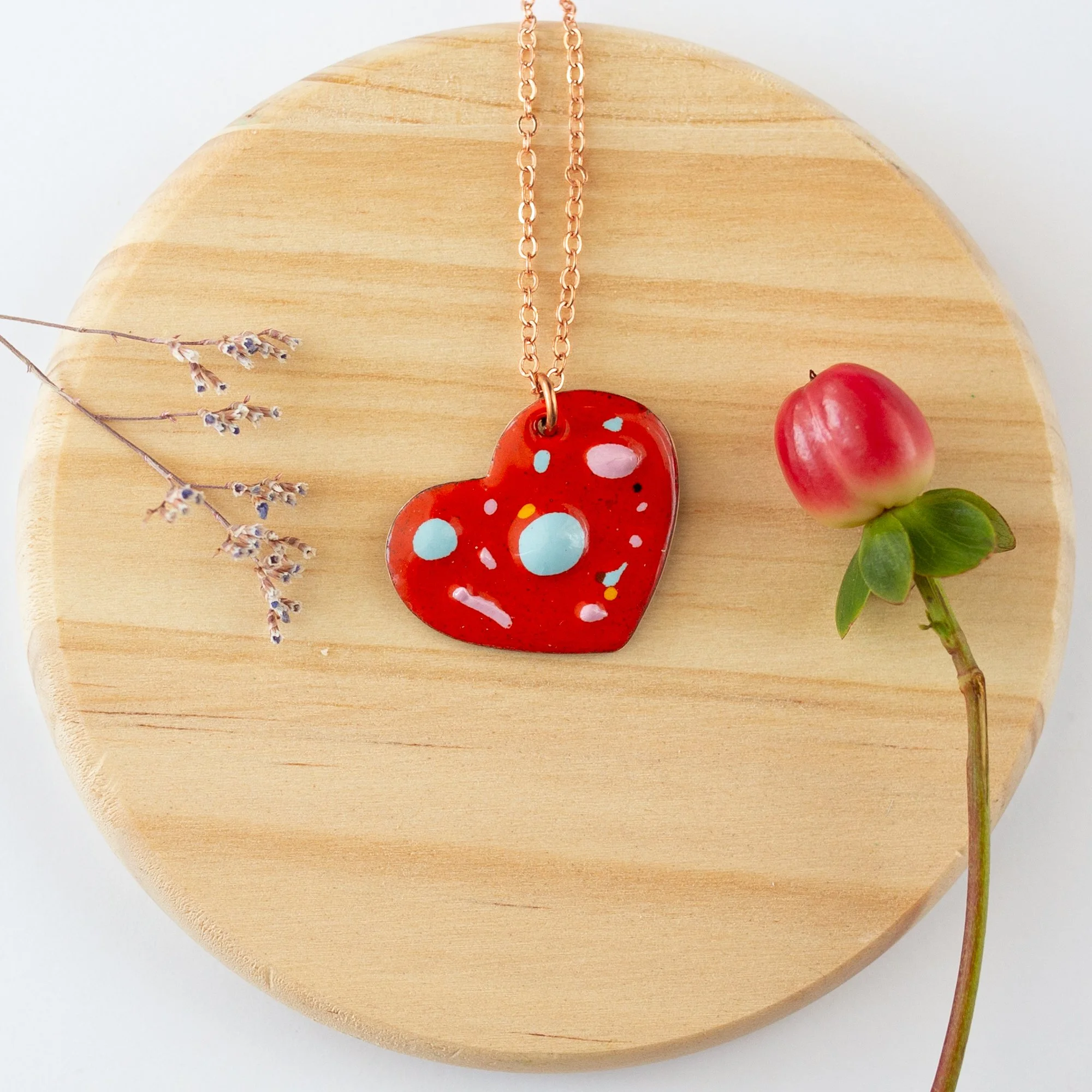 Flame Orange Copper Enamel Crushed Glass Heart Necklace