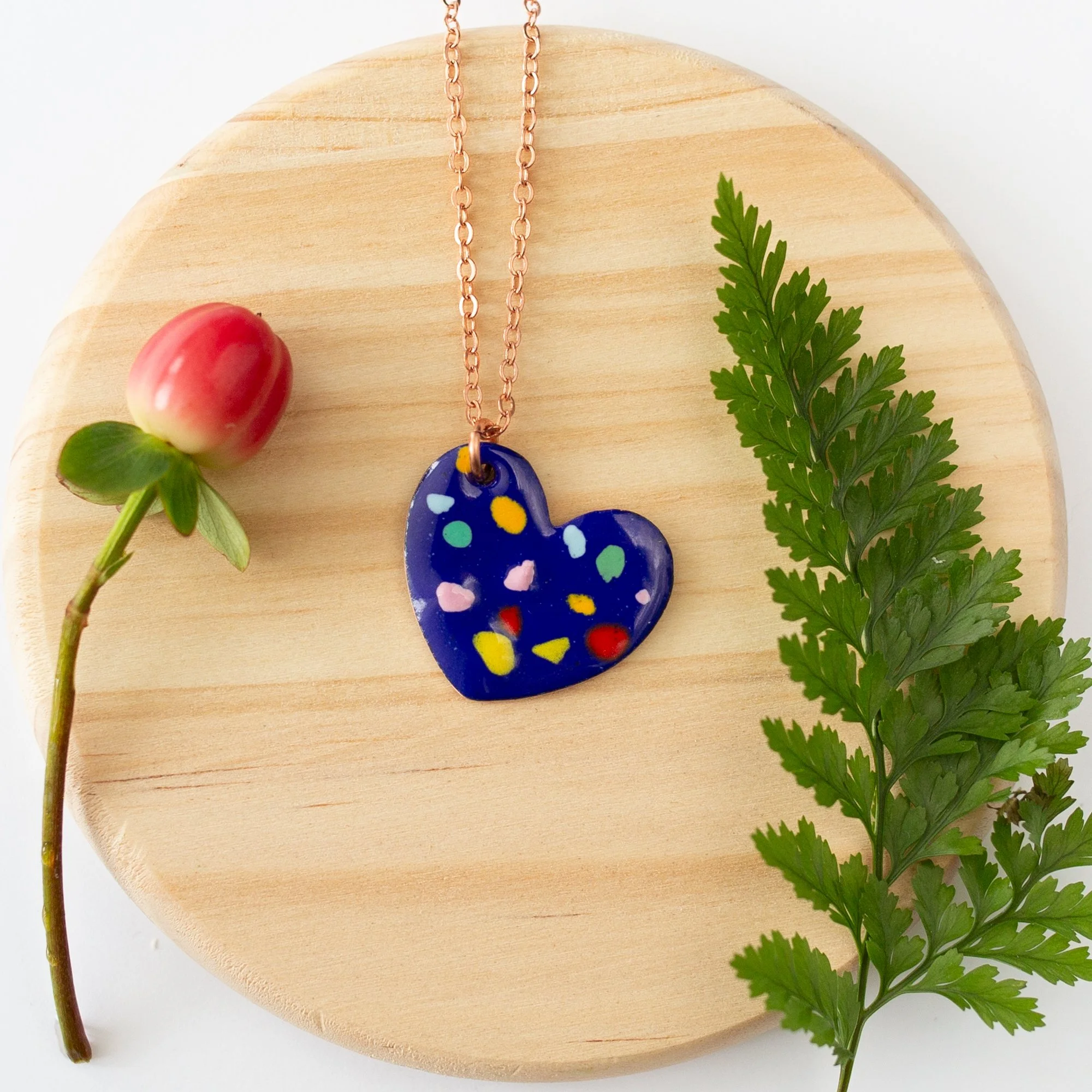 Navy Copper Enamel Crushed Glass Heart Necklace