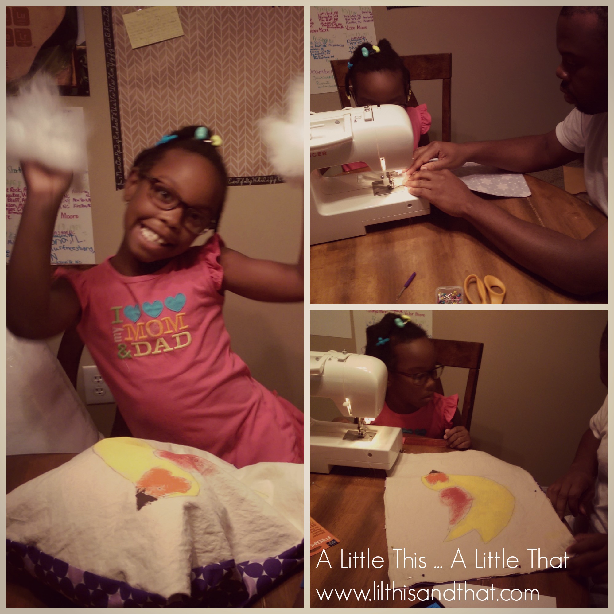 She is having lots of fun sewing with her dad.