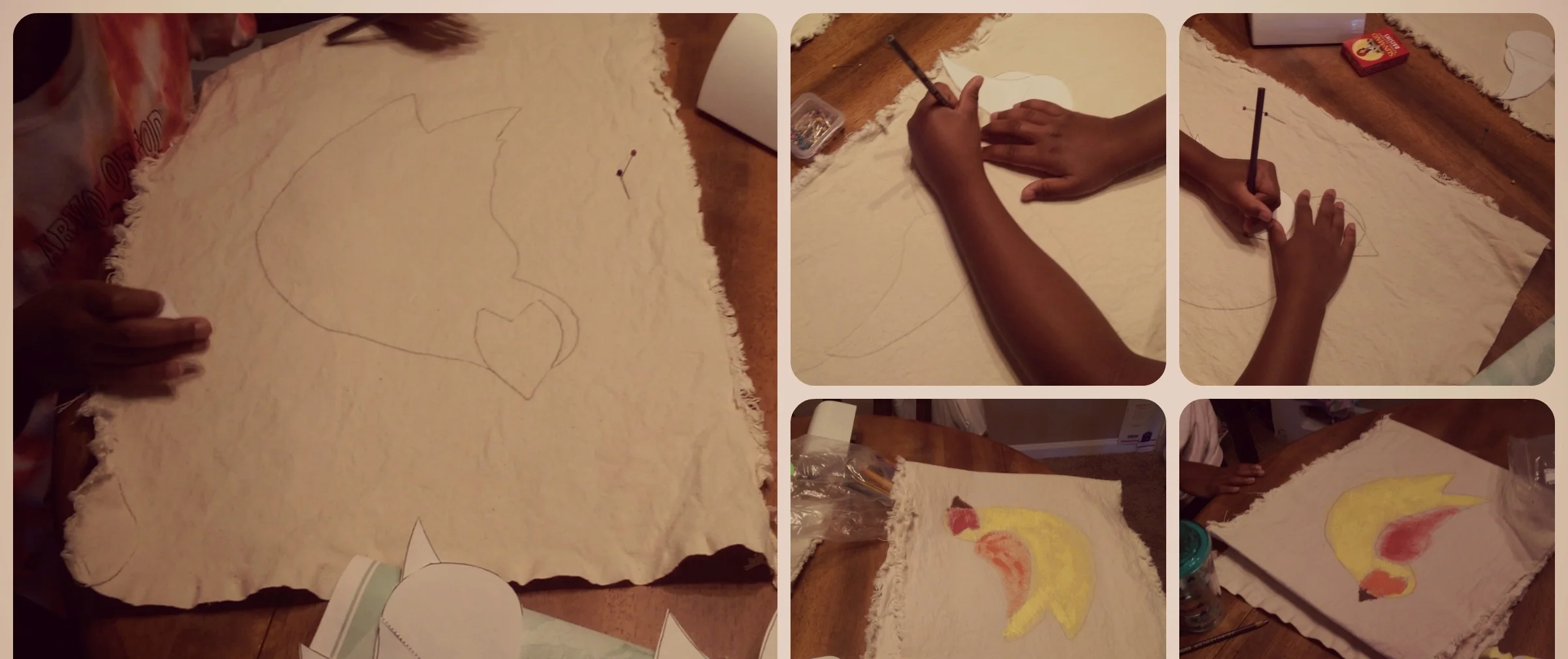 The girls are tracing a bird on the canvas.