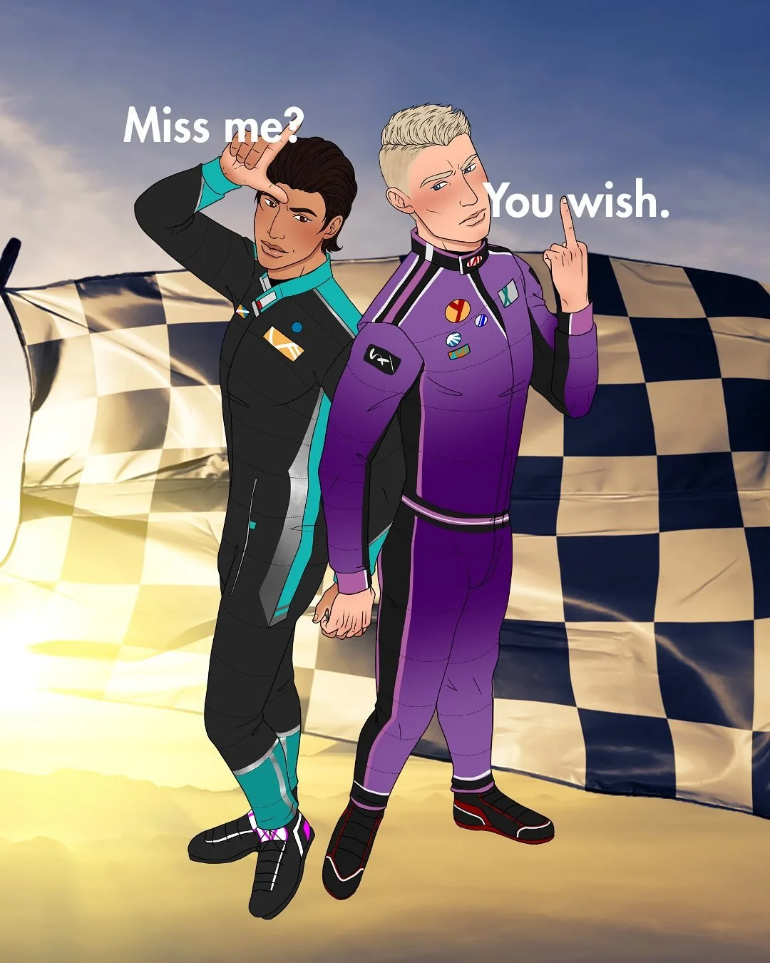 Did you know I wrote a short story about Jasper’s brother Erik and his bodyguard? It’s in the Southern Skies charity anthology. Anyway, here’s the original duo, Jasper and Cristian, from Off Track as drawn by sheilkuroi ❤️📚🏎️
