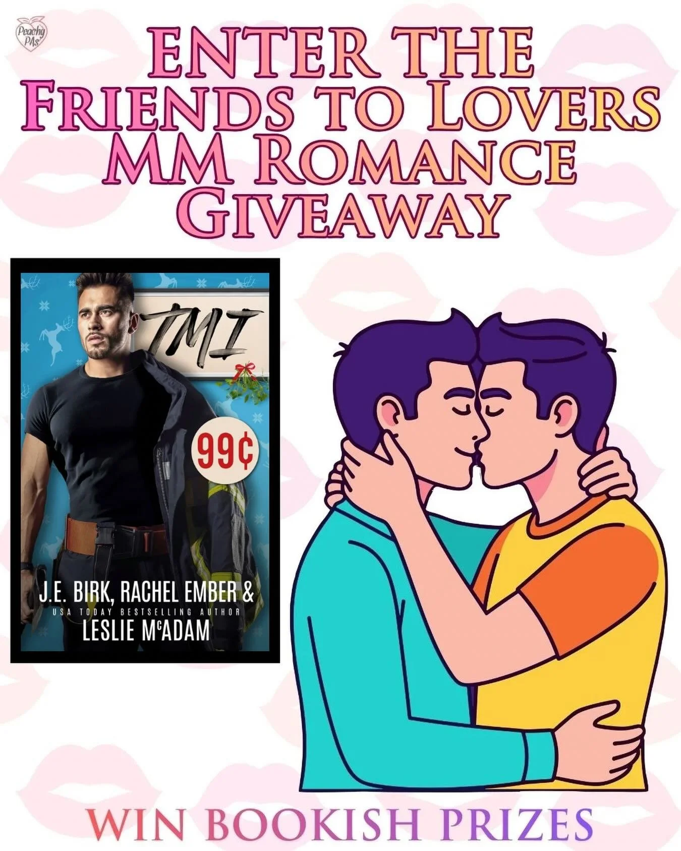 TMI is on sale for 99&cent; in the US! Limited time only! https://books.bookfunnel.com/peachyfriendstolovers/35zxvpl2es

Two firefighters. One twink. Can an evil twin, a small-town holiday competition, and revealed secrets bring them together?&nbsp;
