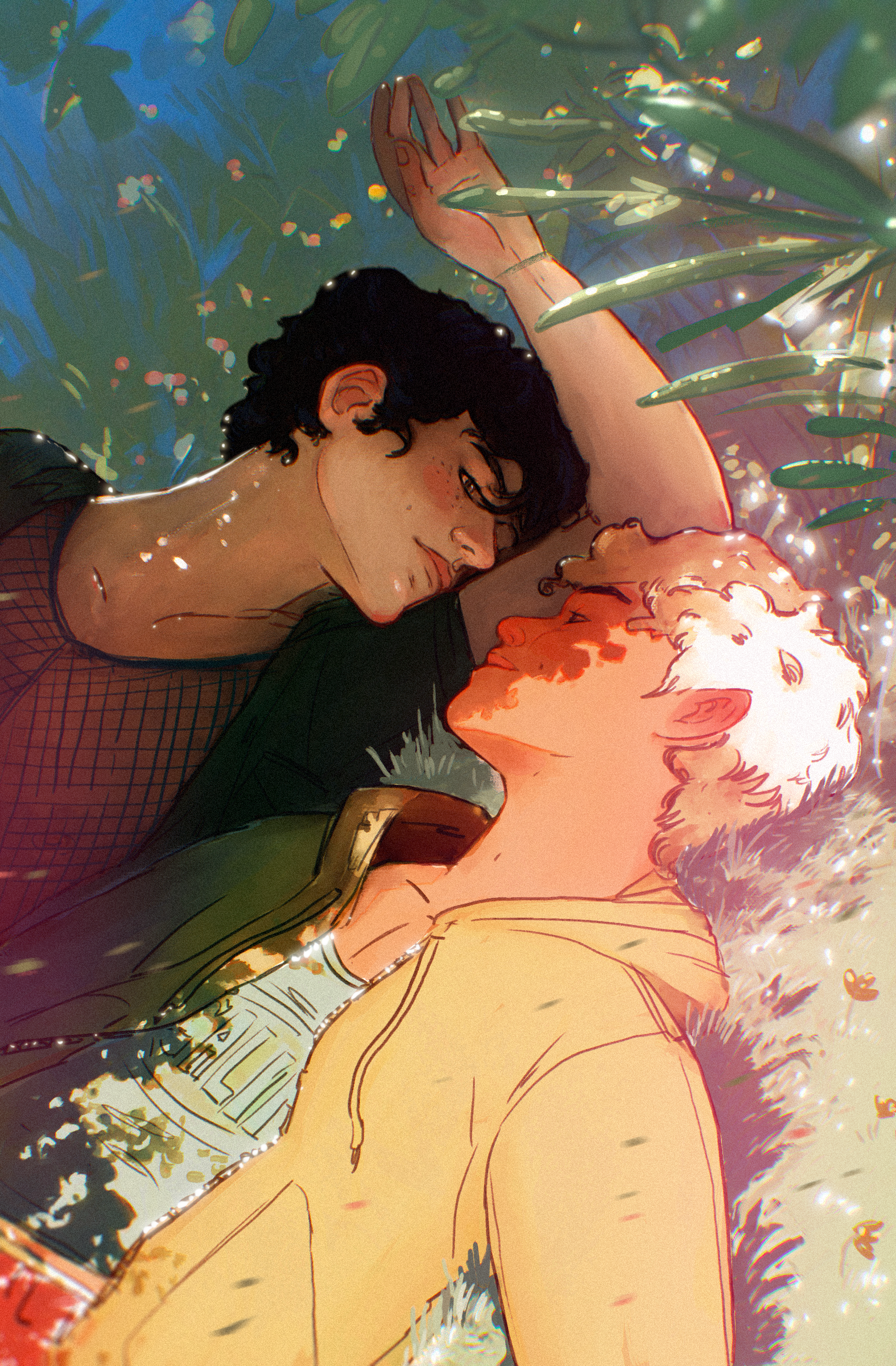 Isak and Lachlan illustration by Ego Rodriguez; two men lying in grasss