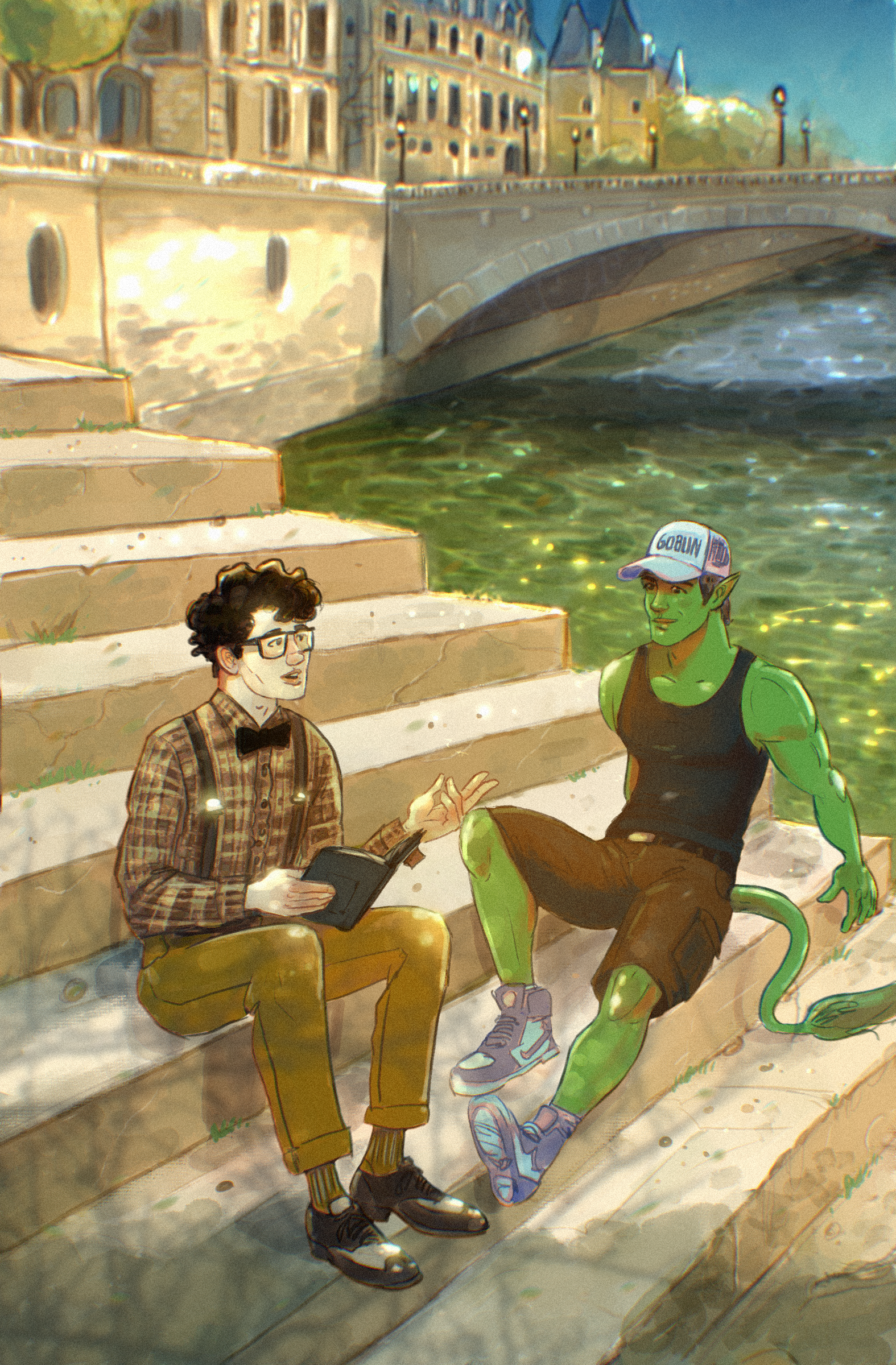 Matt and Caleb from Boy Meets Monster by Leslie McAdam, hanging by the river in Paris. Illustration by Ego Rodriguez