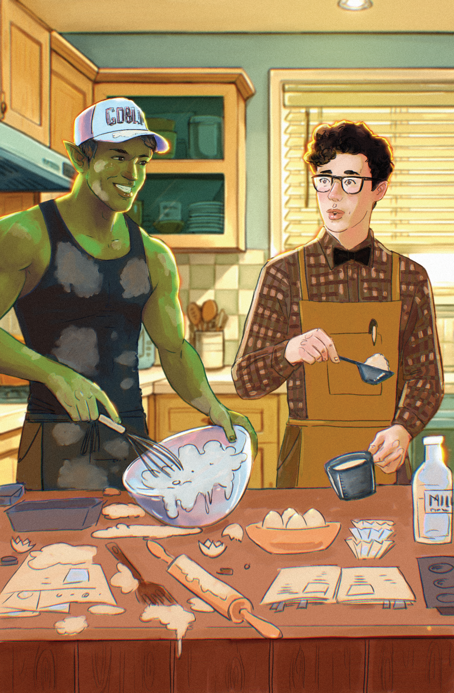 Illustration of a green humanoid monster wearing a baseball cap and a black tank top whisking batter in a bowl next to a glasses-wearing human in a brown shirt and apron measuring ingredients. they are in a messy kitchen