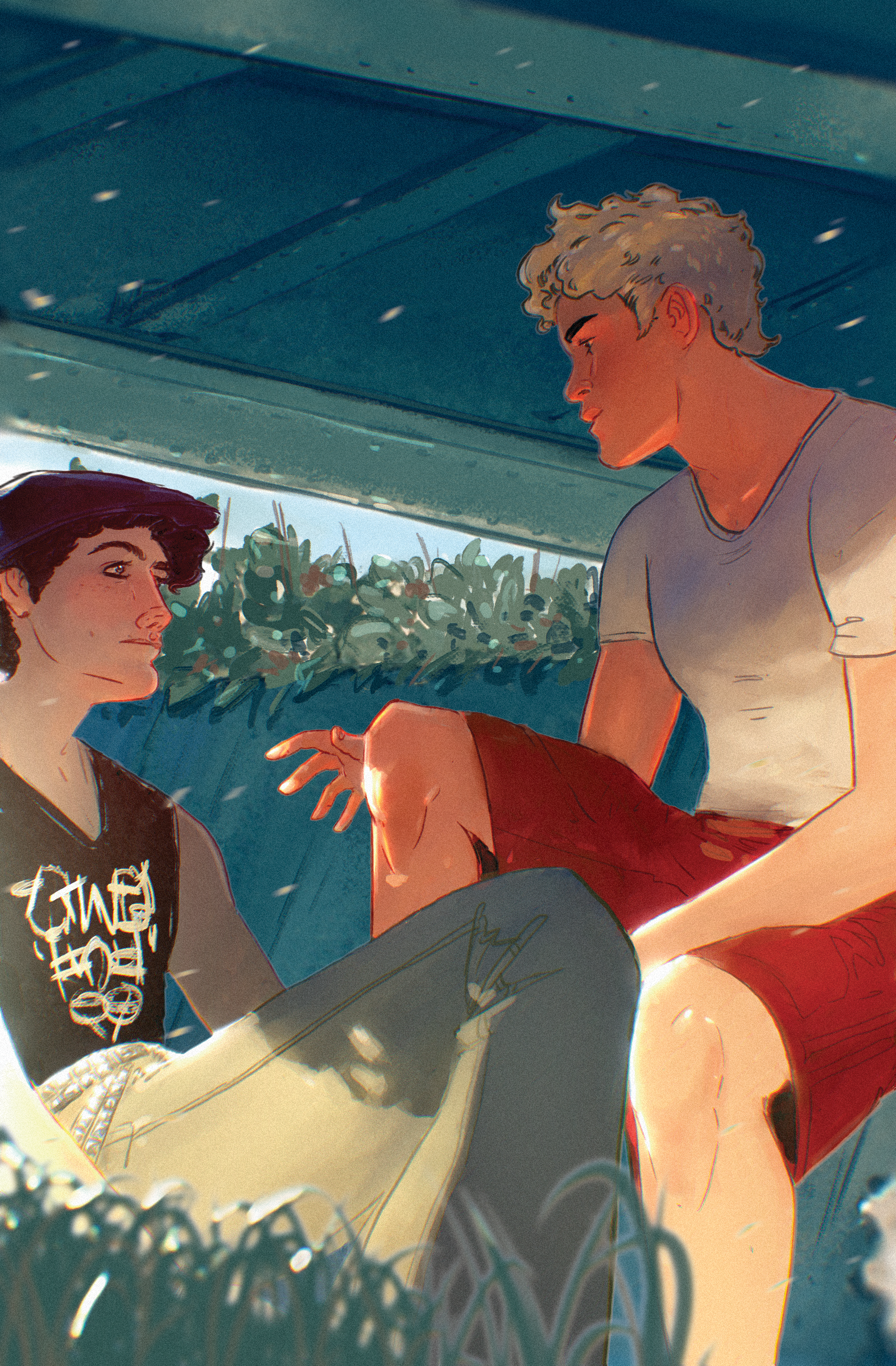 Lachlan and Isak under a bridge. Illustration by Ego Rodriguez