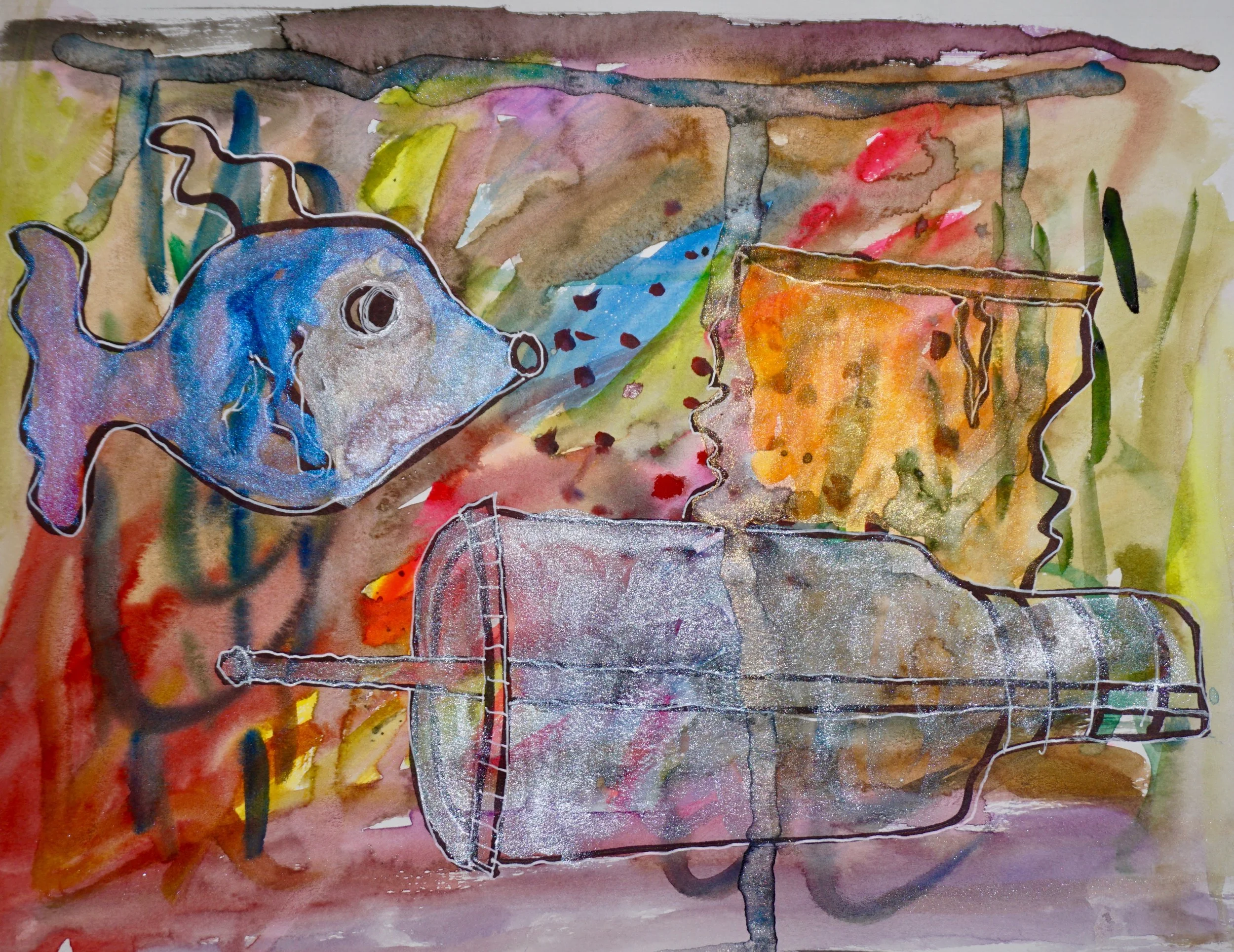 The first layer was Japanese watercolor painted wet on wet, and then left to dry. I drew over the top and then added iridescent paint from the MozArt set