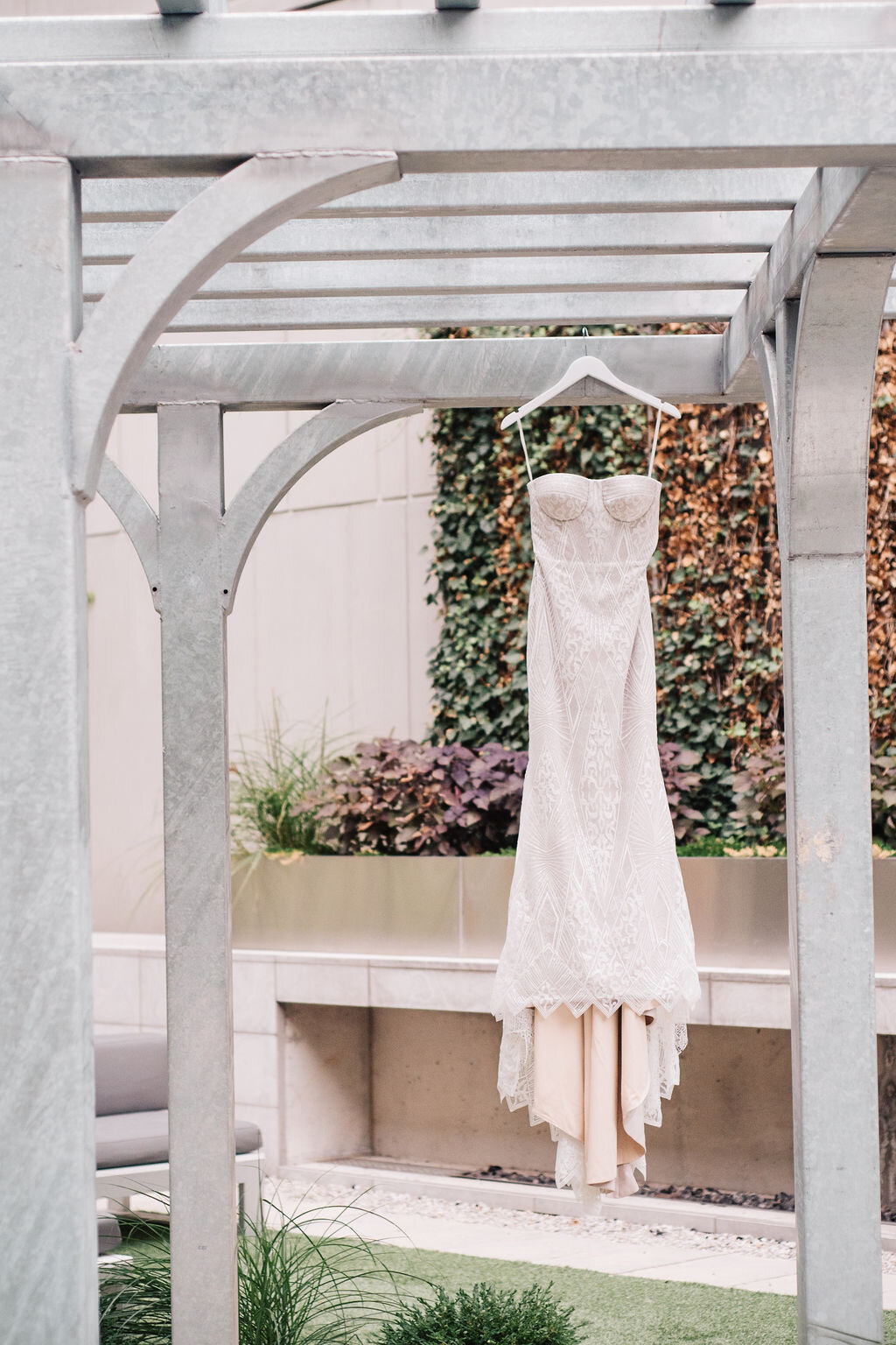 Photograph of Toronto Bride's wedding dress outside her residence