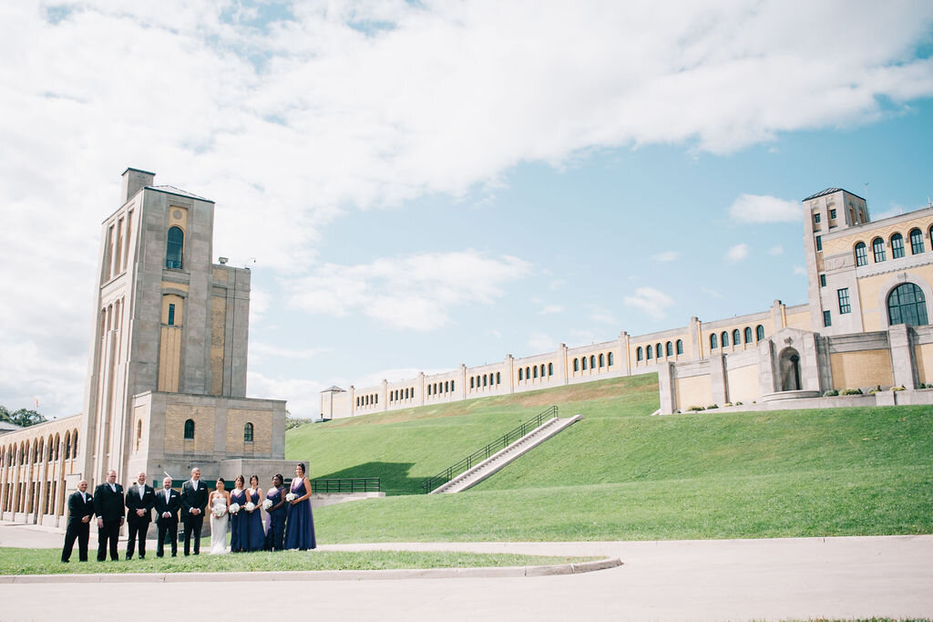 Toronto bride and groom and their bridal party have their wedding photographs taken at the R.C. Water Treatment Plant
