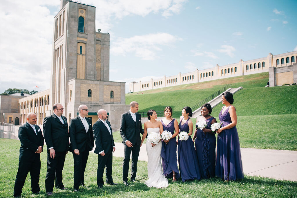 Toronto bride and groom and their wedding party have their wedding day photographs taken at the R.C. Harris Water Treatment Plant