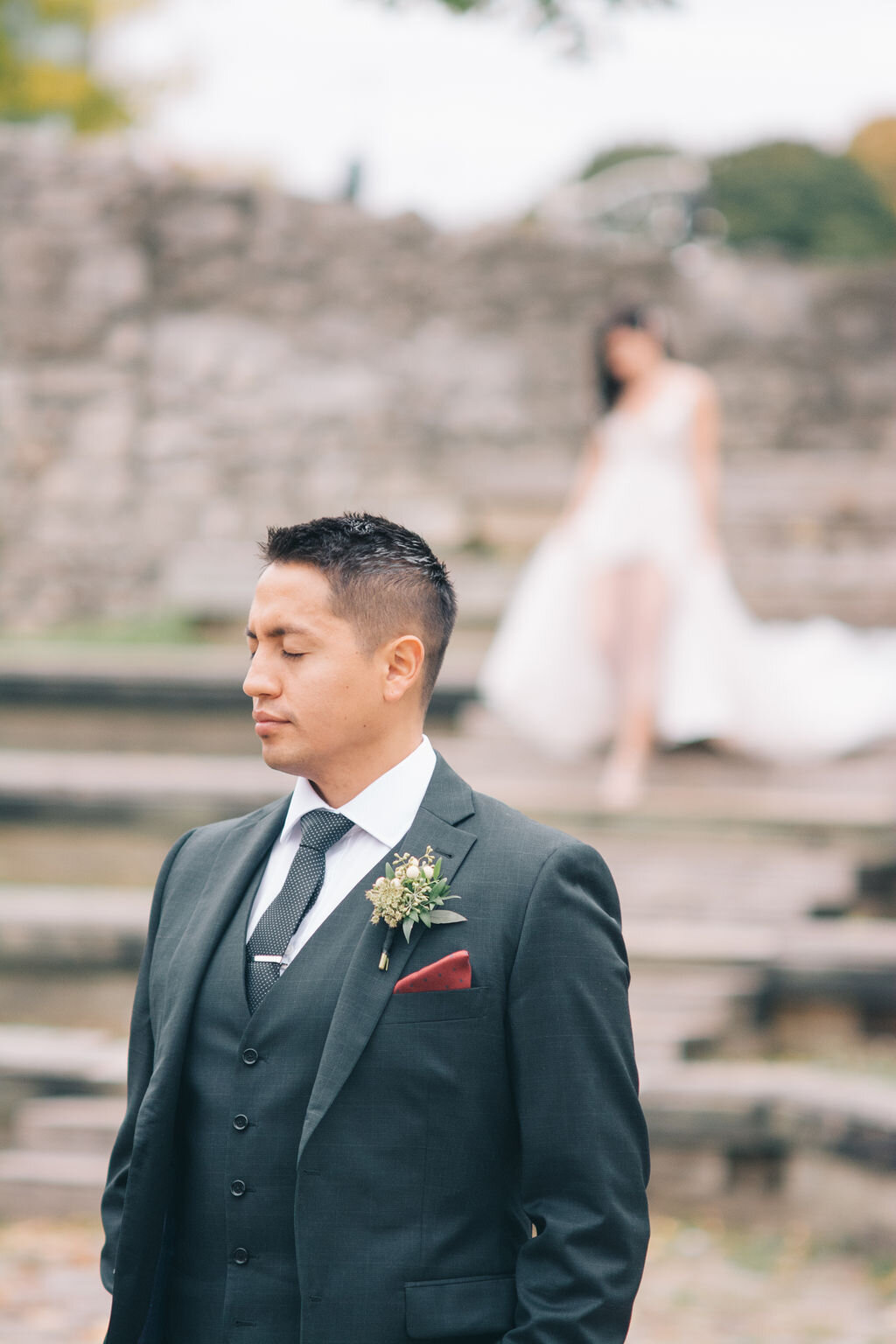 Bride and groom's elegant first look at Cambridge Mill photographed by Toronto wedding photographers, Ugo Photography