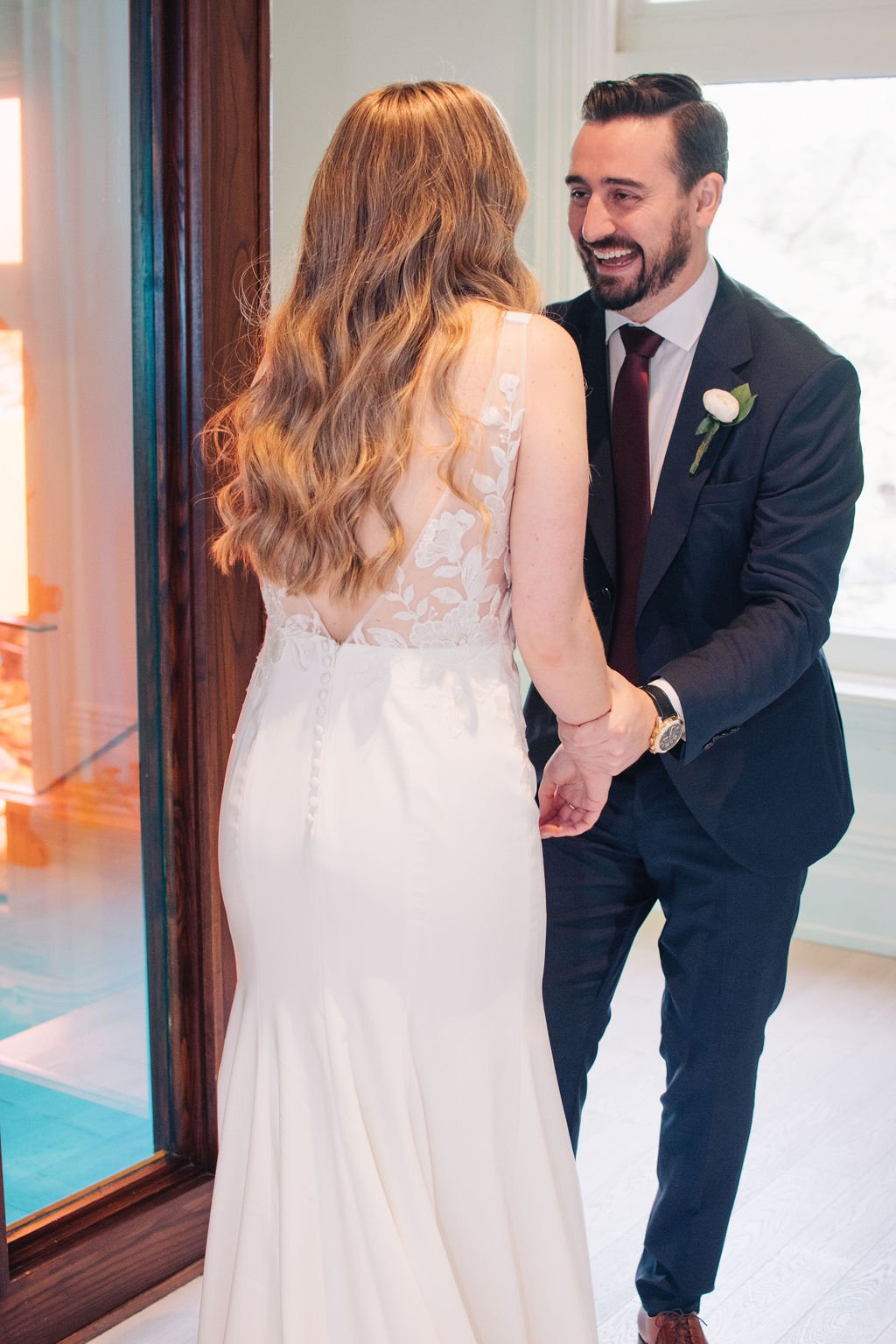 Couple's wedding day first look at Toronto's Gladstone House photographed by Toronto wedding photographers, Ugo Photography