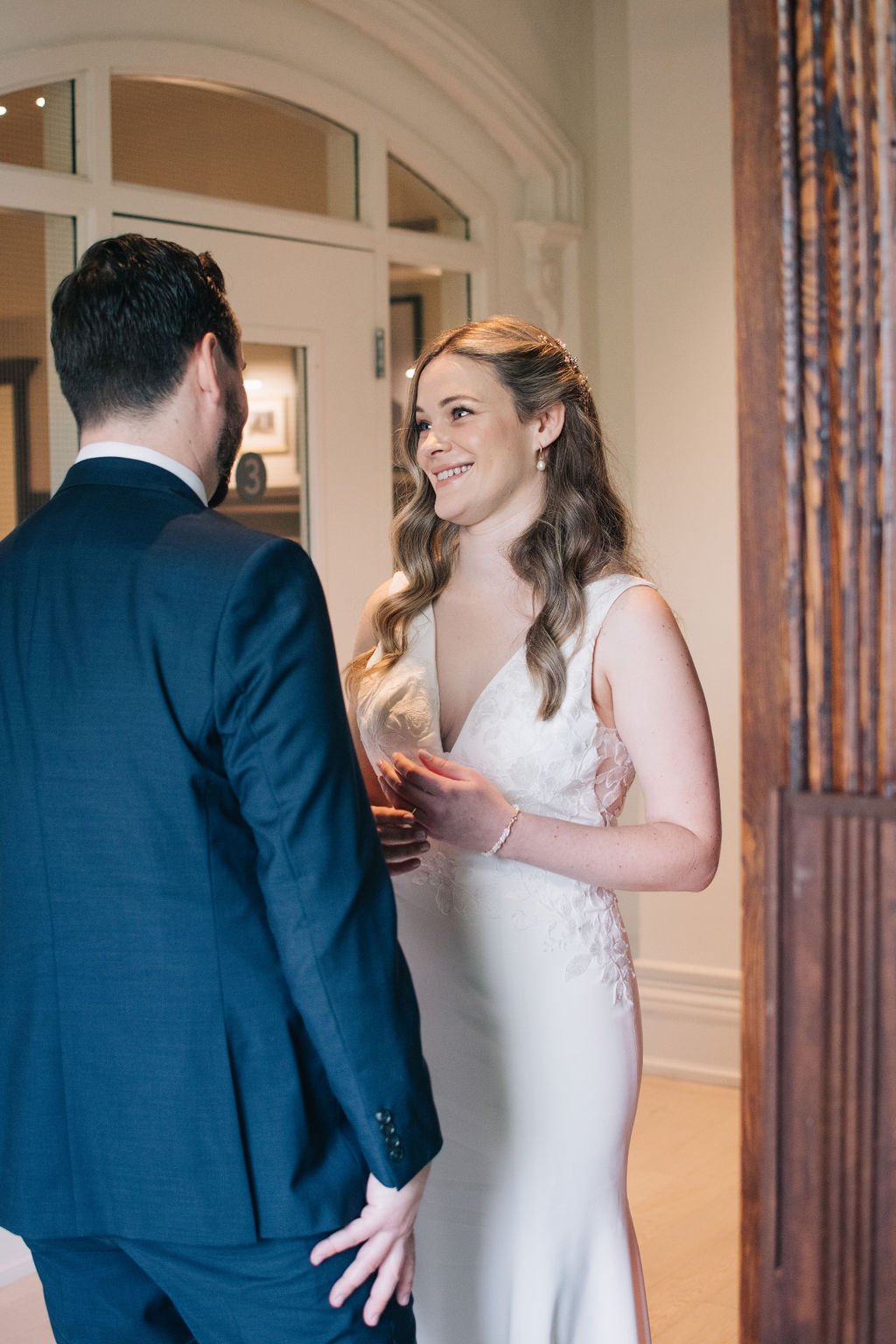 Heartfelt first look for couple's wedding day at Toronto's Gladstone House Hotel