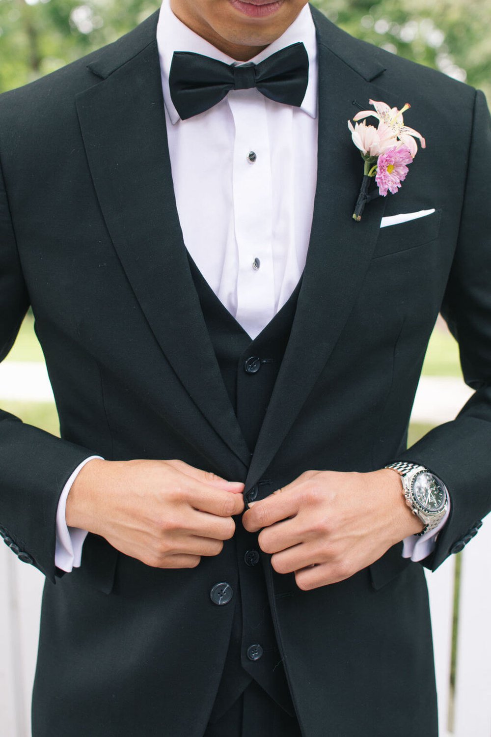 Black Tie groom style for bride and groom's modern wedding at The Doctor's House