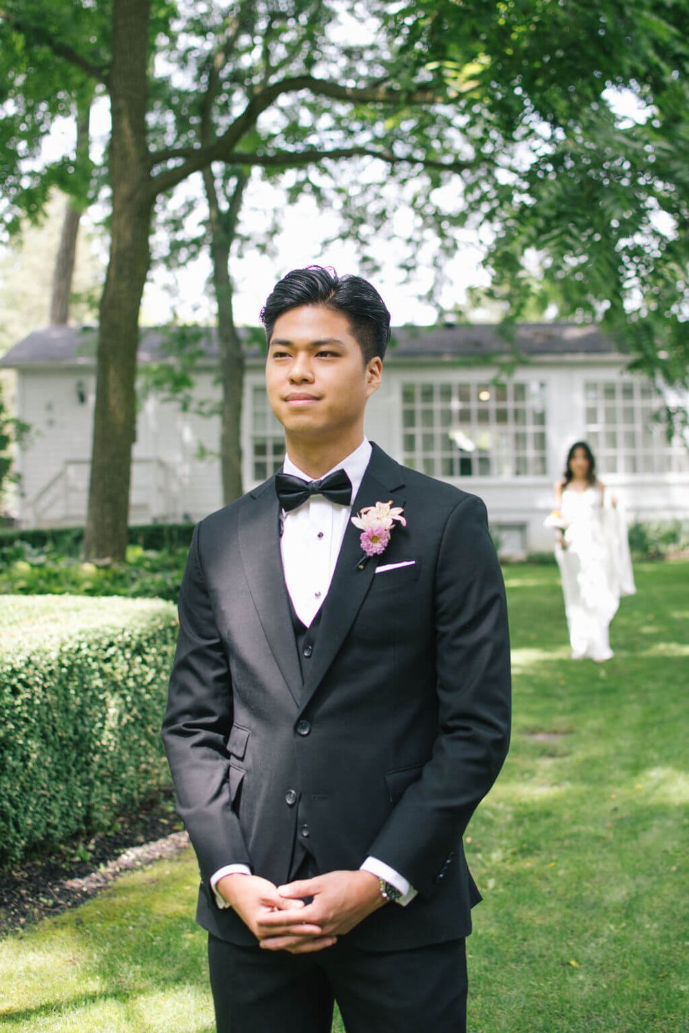 Bride and groom's first look on their wedding day at The Doctor's House