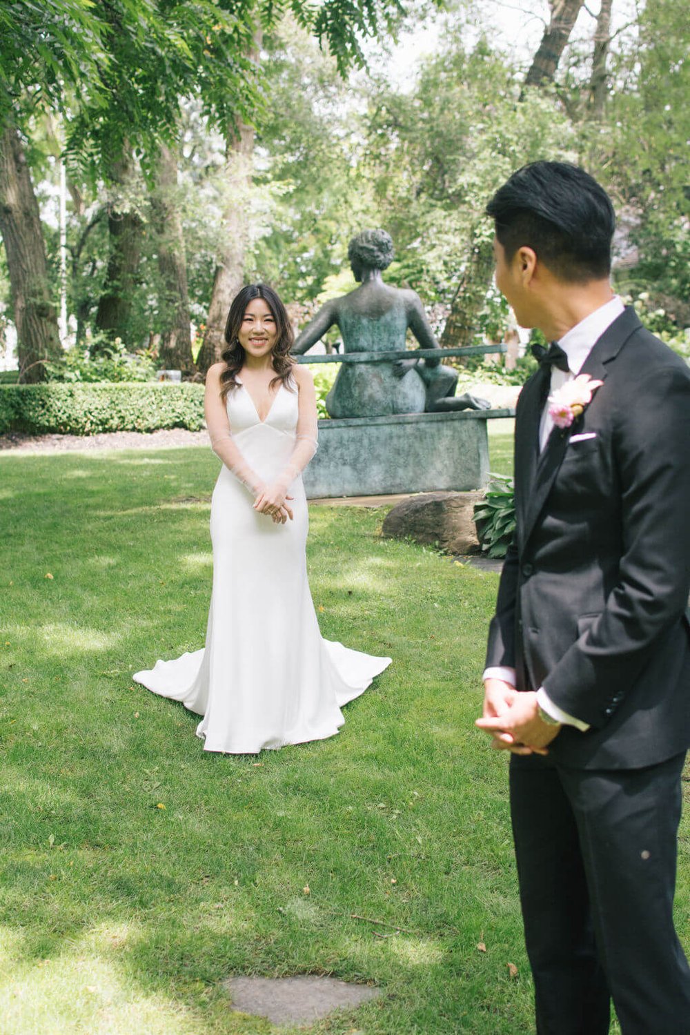 Modern and chic first look for bride and groom on their wedding day at The Doctor's House