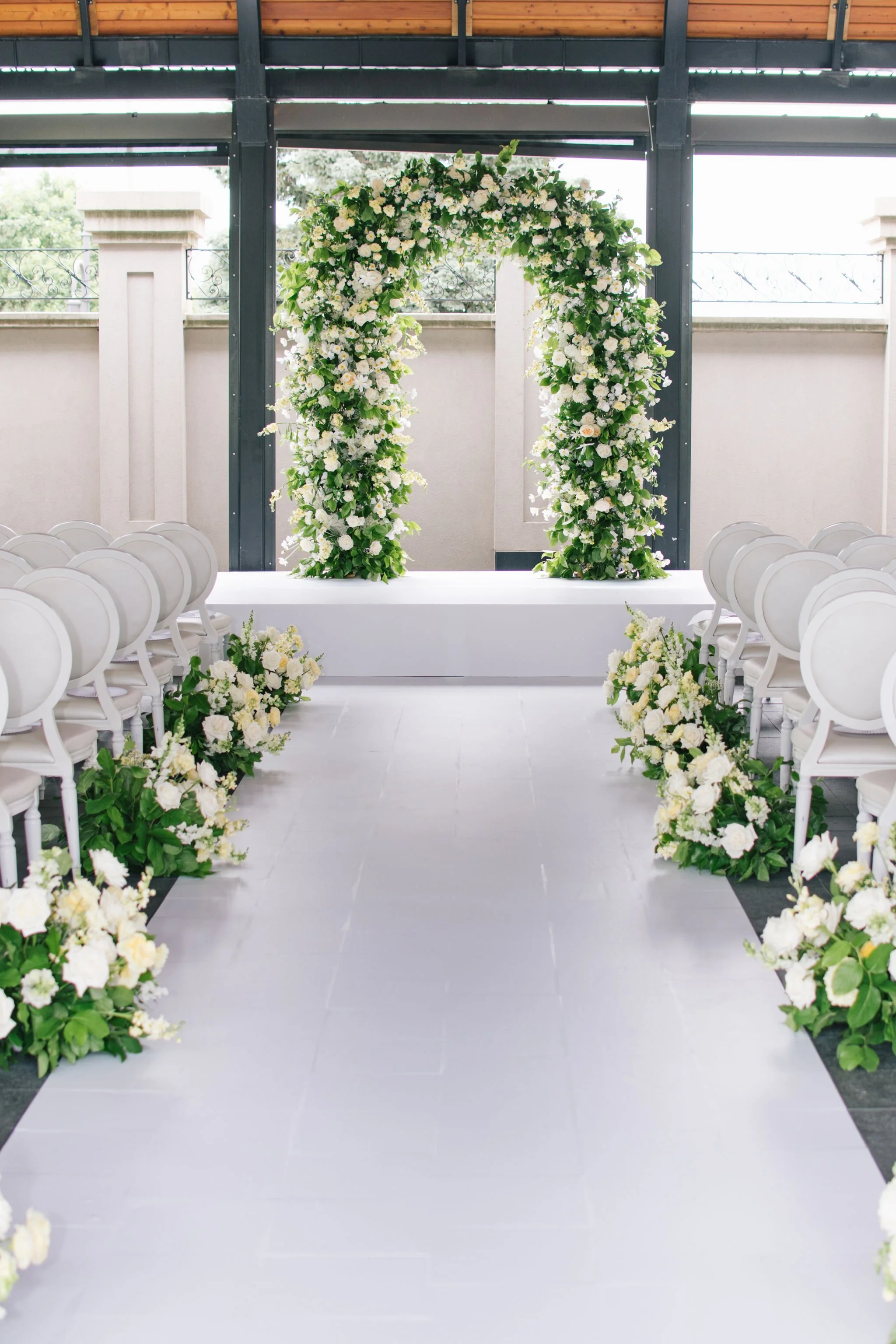 luxury-floral-wedding-arch-white-aisle-runner-toronto